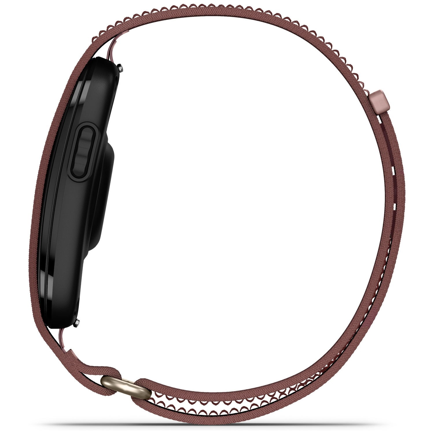 Zwarte smartwatch met bruine stoffen band tegen witte achtergrond.