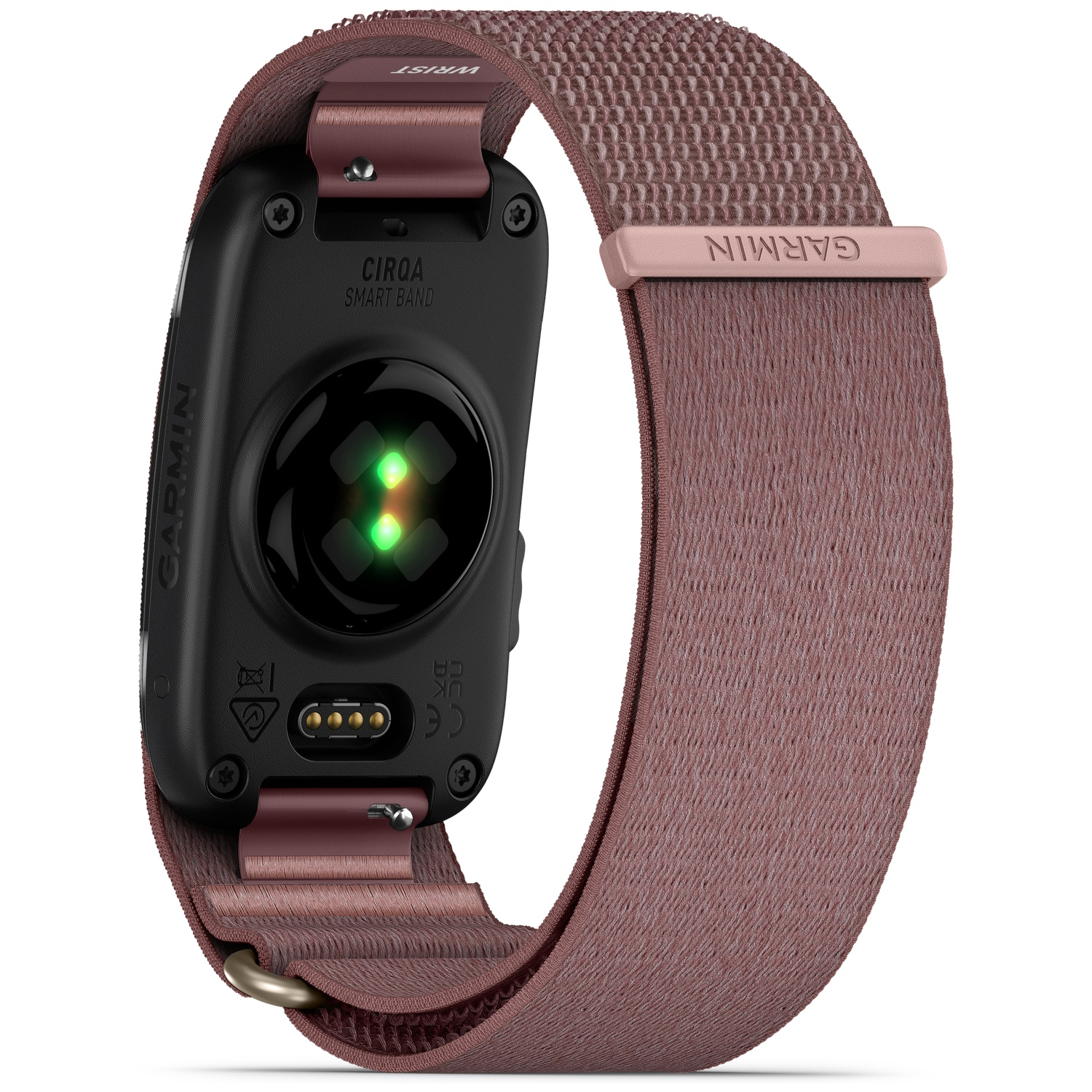 Garmin smartwatch achterkant met hartslagsensor en roze stoffen band.
