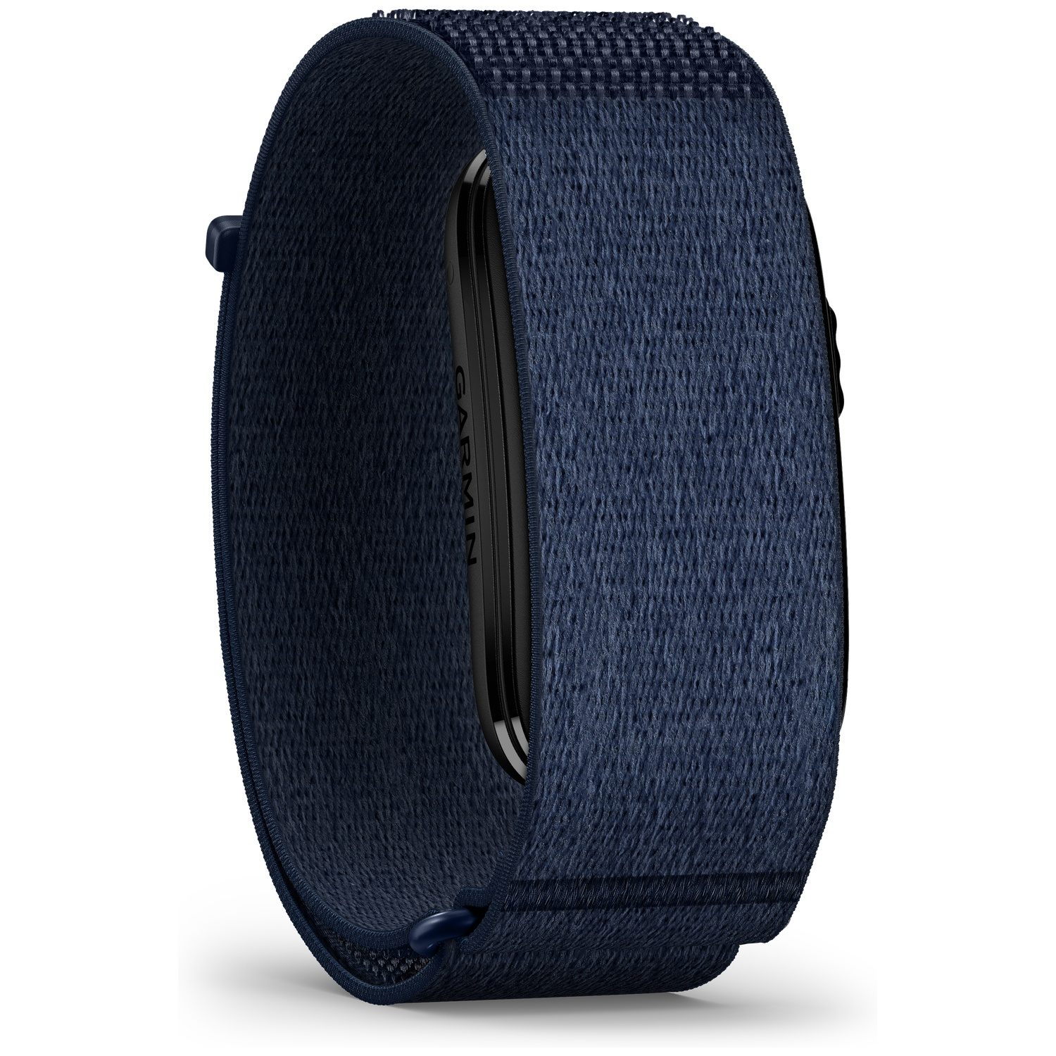 Een donkerblauwe stoffen band met een zwart display met het Garmin logo.