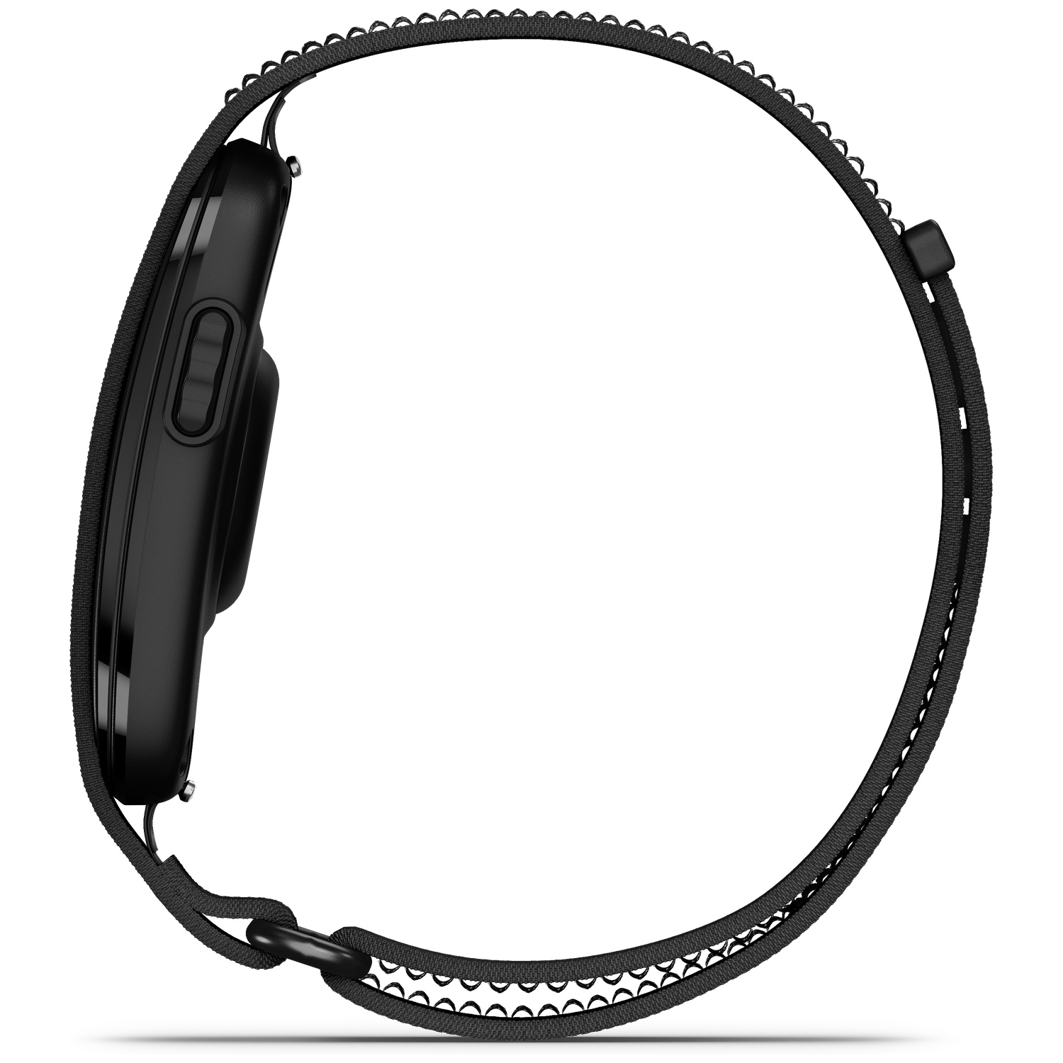 Zwarte smartwatchband met een zijknop en ring sluiting.