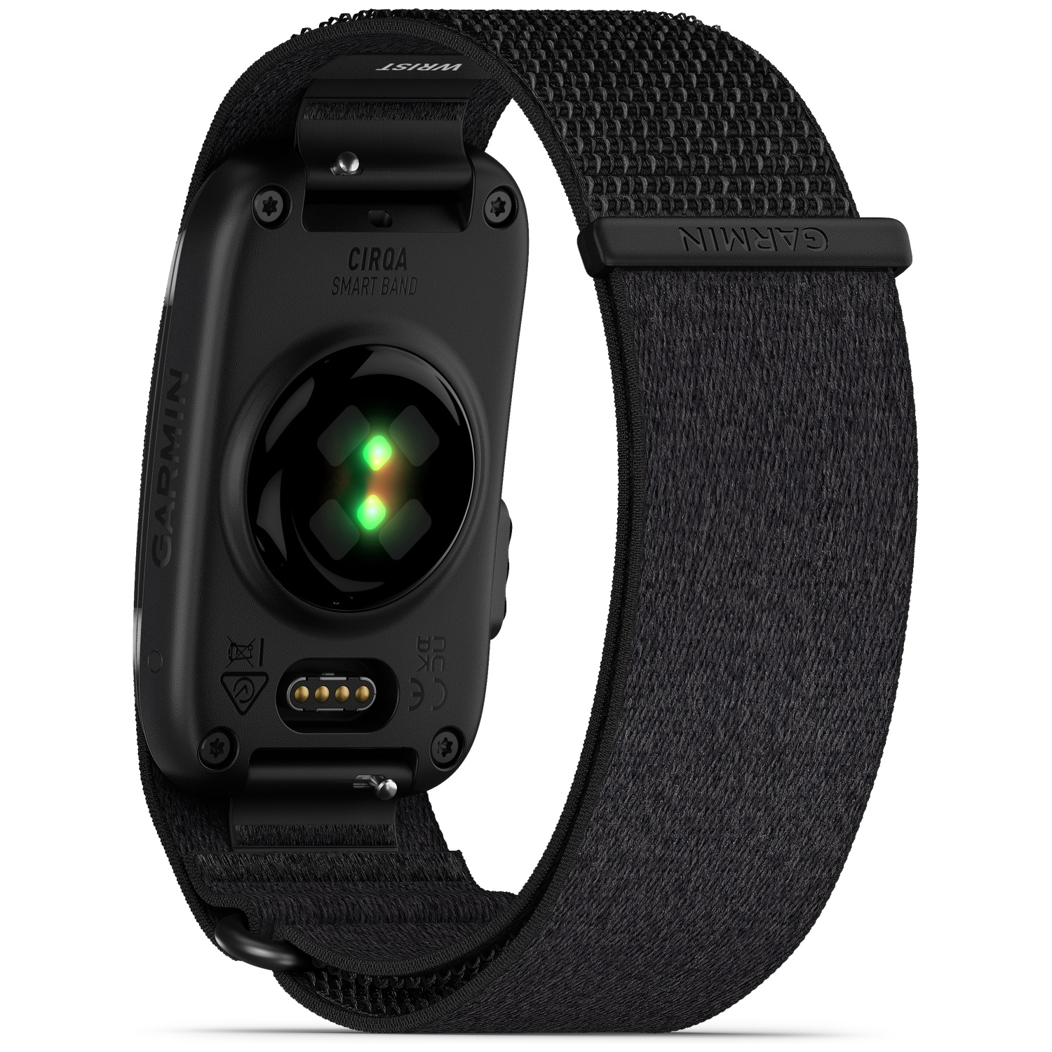 Zwart Garmin smartband met hartslagsensor en oplaadcontacten.