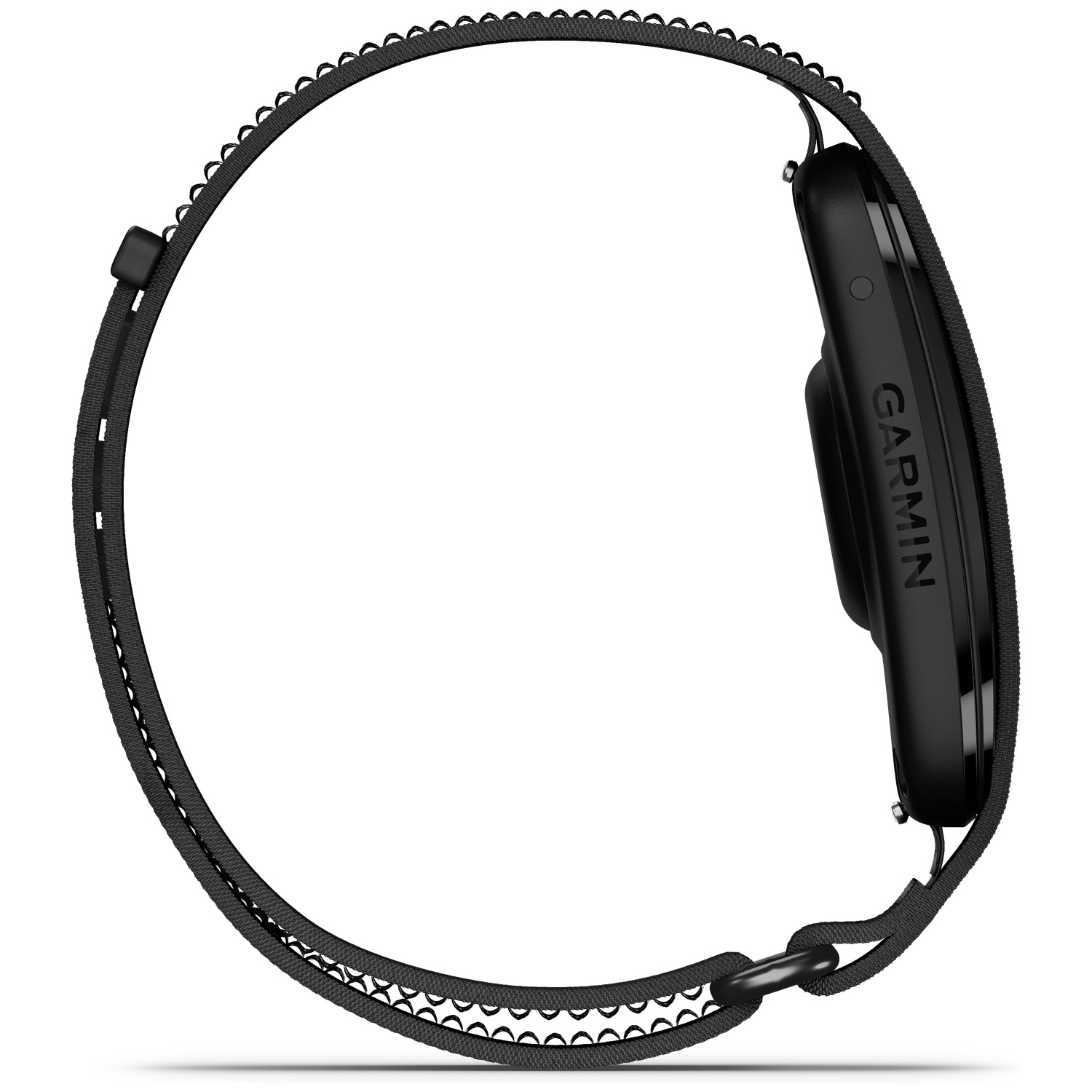 Zwart Garmin smartwatch band met stoffen textuur en metalen sluiting.