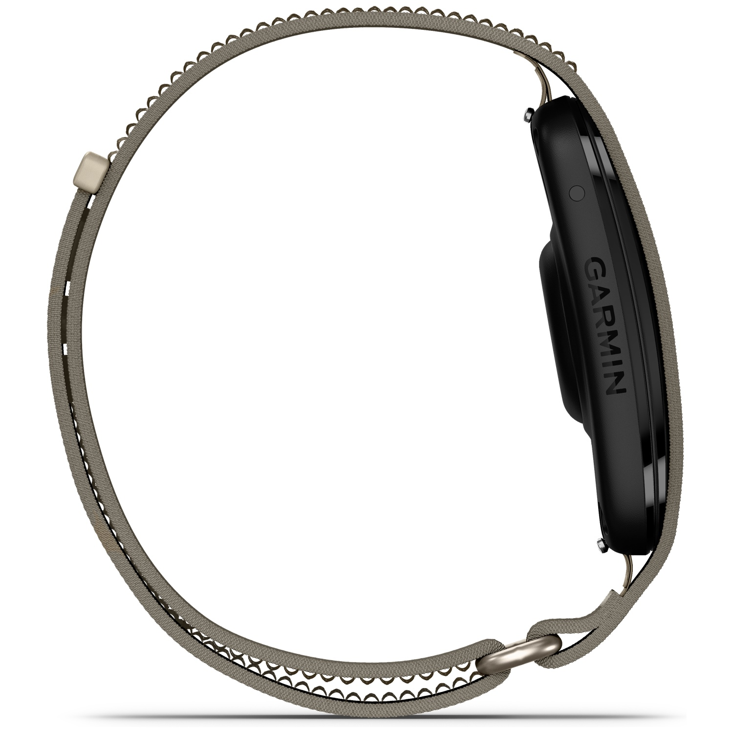 Een zwarte Garmin smartwatch met beige geweven band wordt getoond tegen een witte achtergrond.
