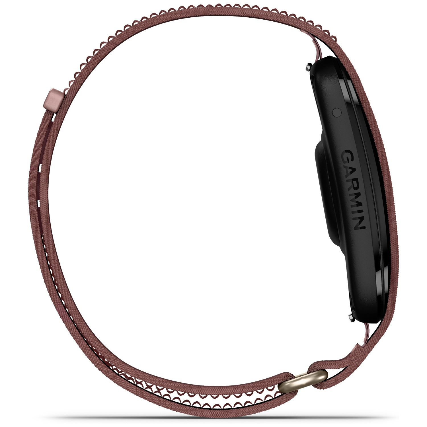 Zwarte Garmin smartwatch behuizing met een bruine stoffen band met uitgesneden patroon.