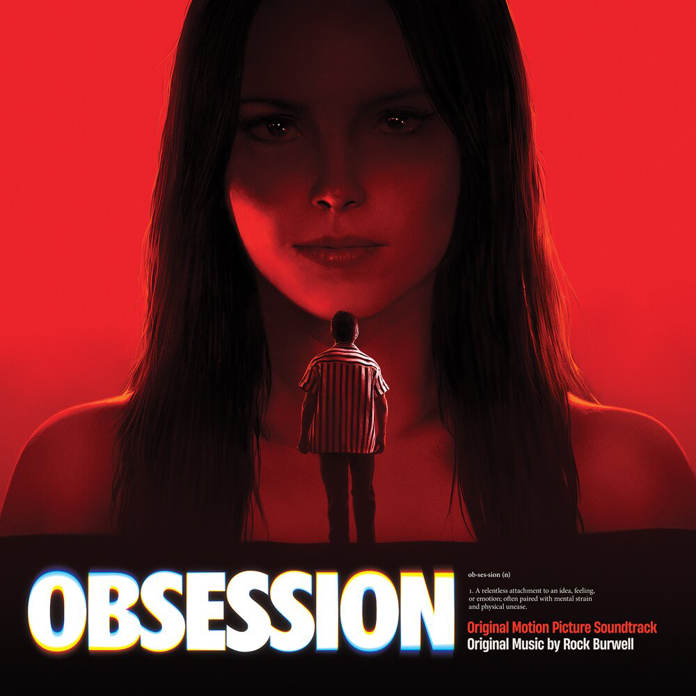 Férfi felnéz nőre piros háttér előtt. Obsession cím.