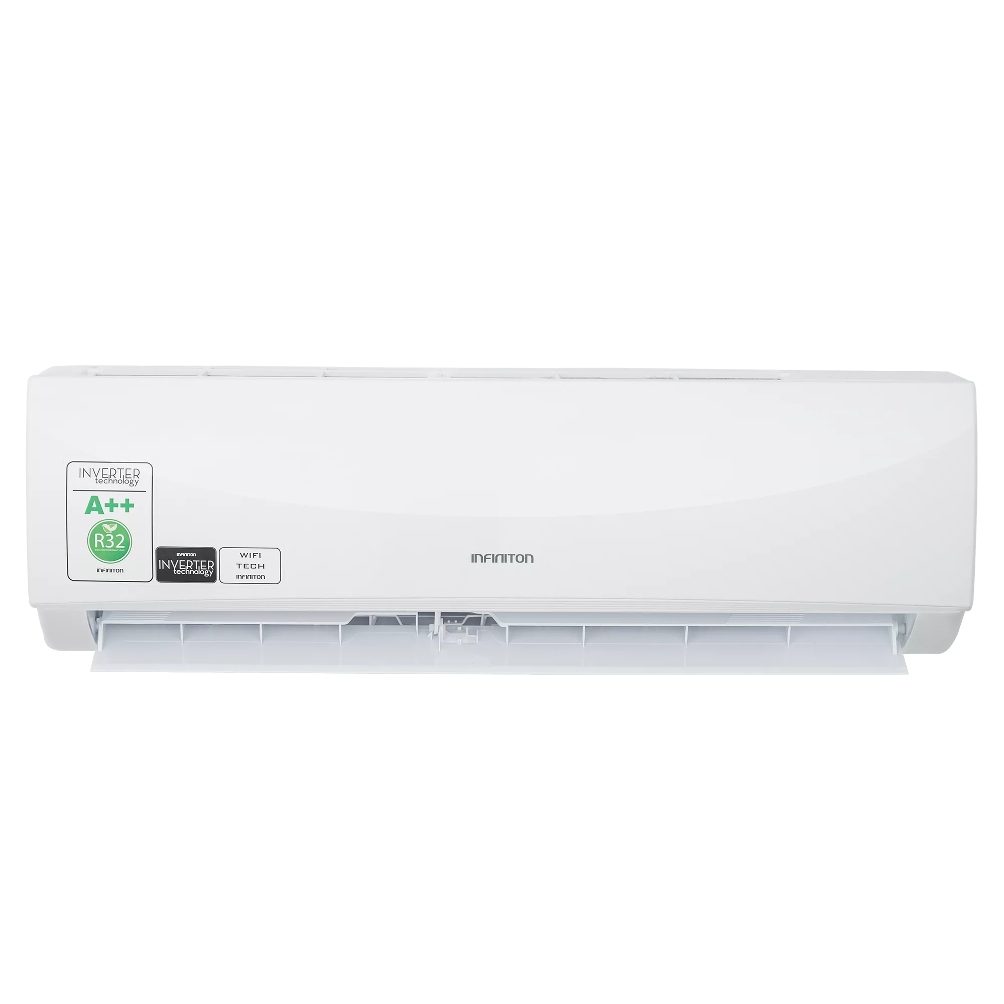Un aire acondicionado blanco Infinition con etiquetas verdes A++ y R32 y una etiqueta negra de tecnología Inverter sobre un fondo negro.