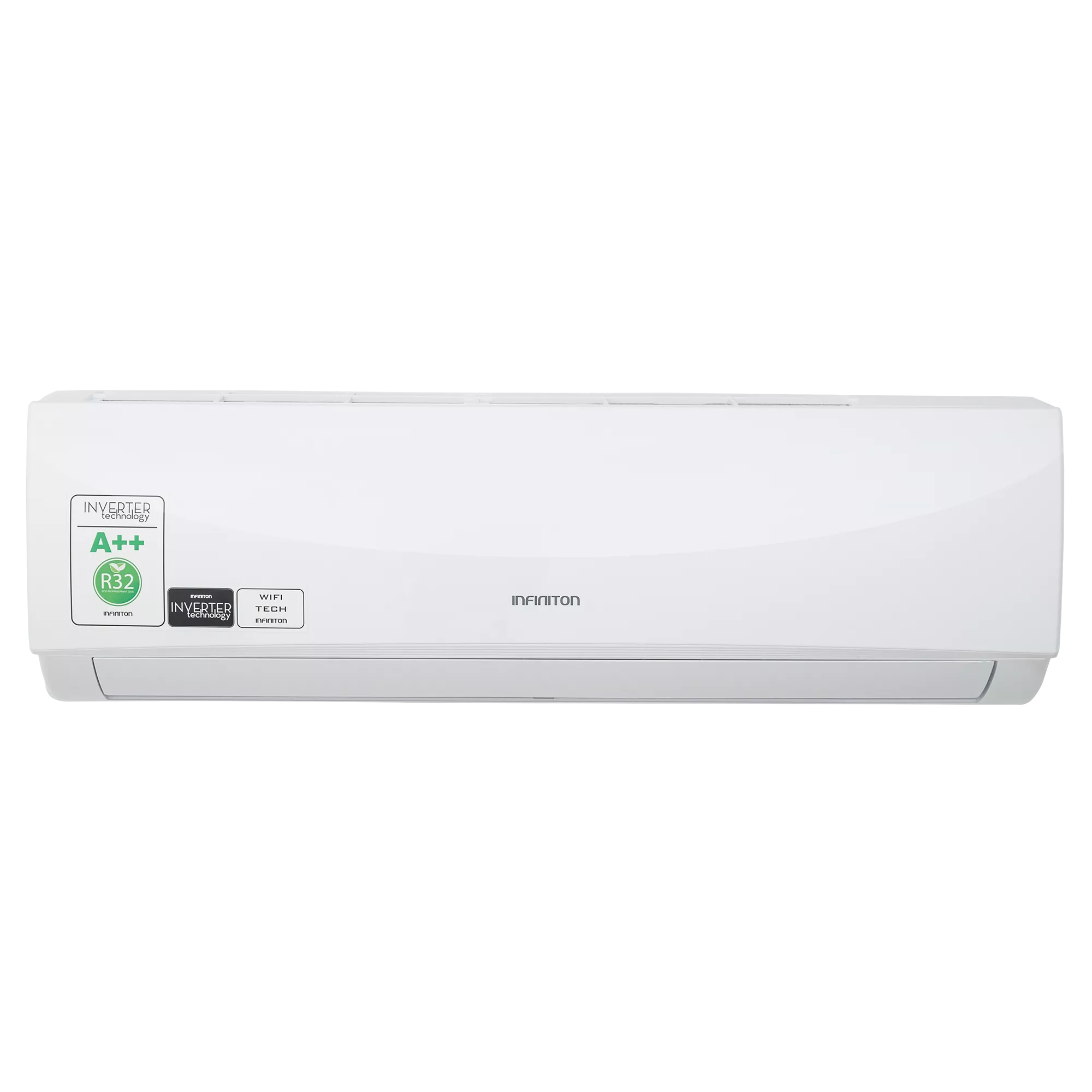 Aire acondicionado blanco con logo Infiniton y pegatinas de eficiencia.