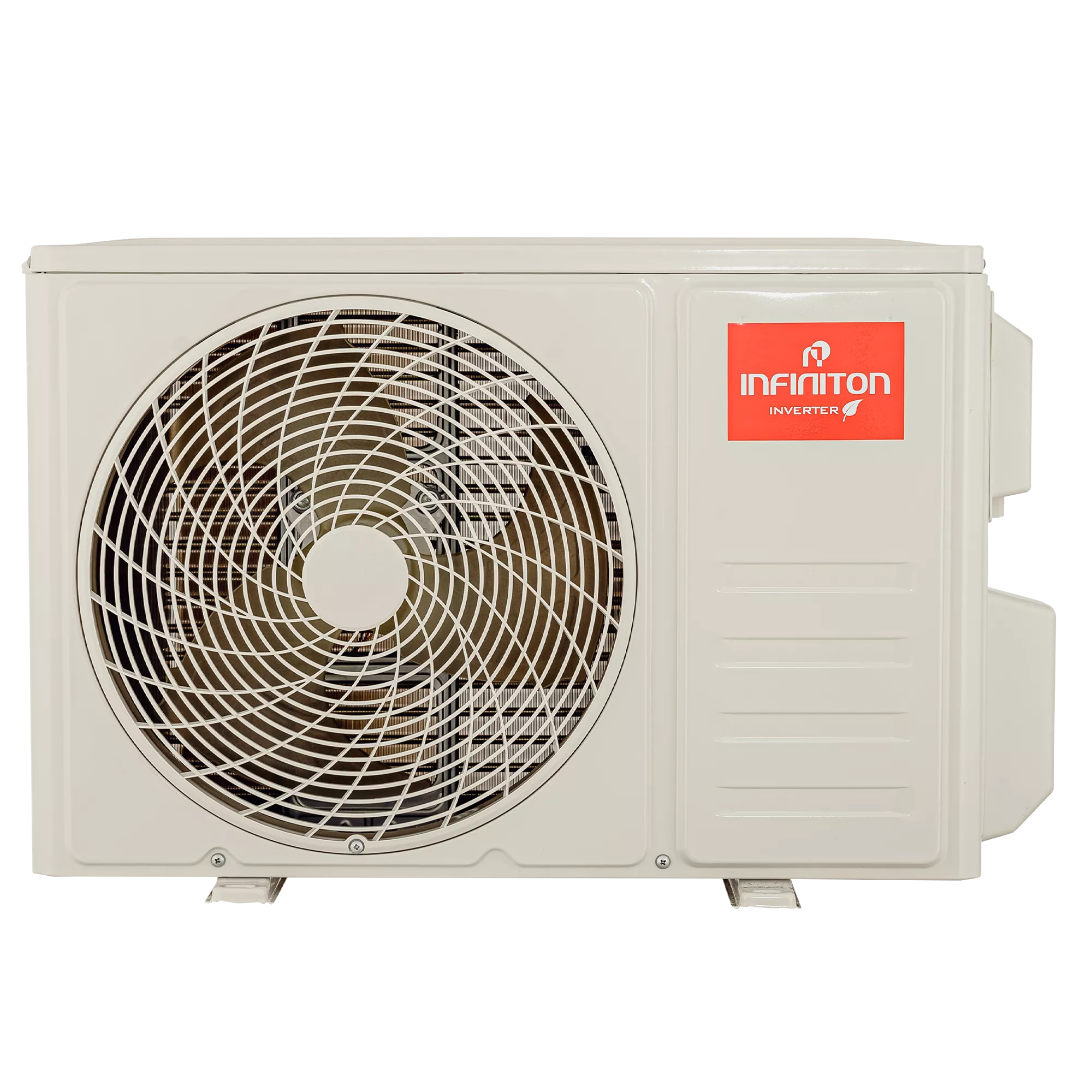 Unidad exterior de aire acondicionado blanca con rejilla de ventilador y logo rojo.
