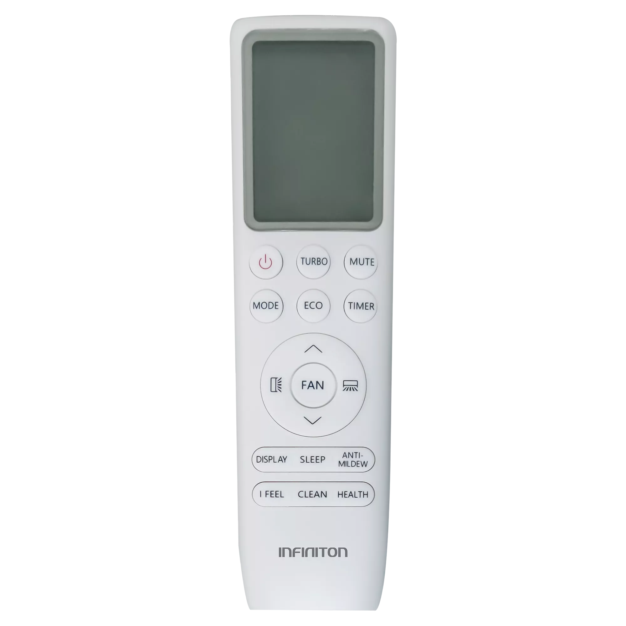 Un control remoto blanco con pantalla y botones como TURBO, MODE, FAN.