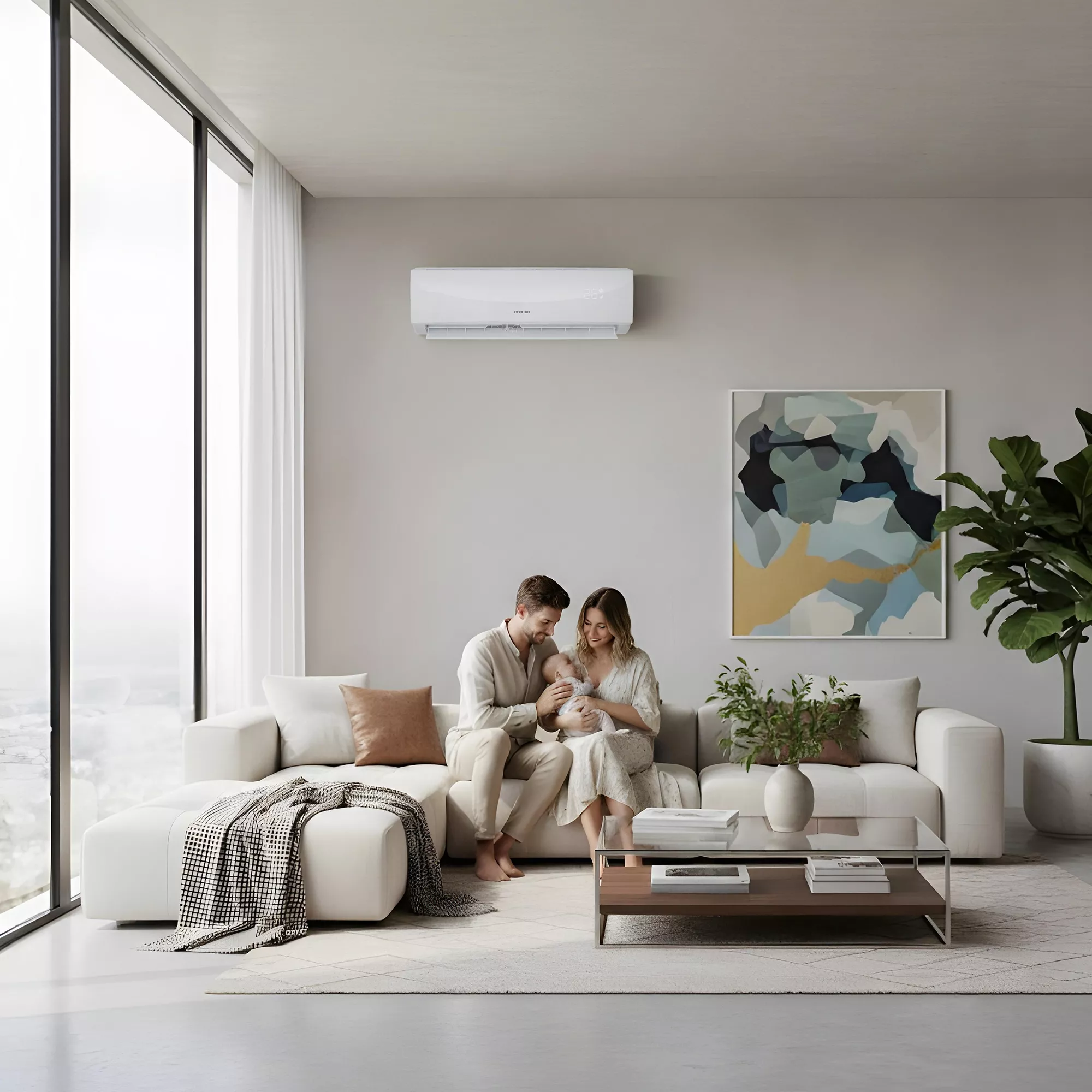 Una pareja con un bebé en un sofá, aire acondicionado arriba, ventanas grandes.