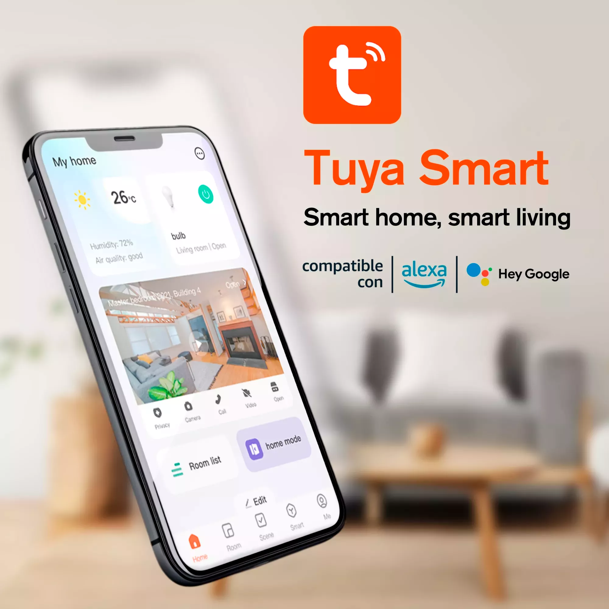 Un smartphone muestra la aplicación Tuya Smart con controles de hogar inteligente, compatible con Alexa y Hey Google, sobre un fondo de sala de estar difuminado.