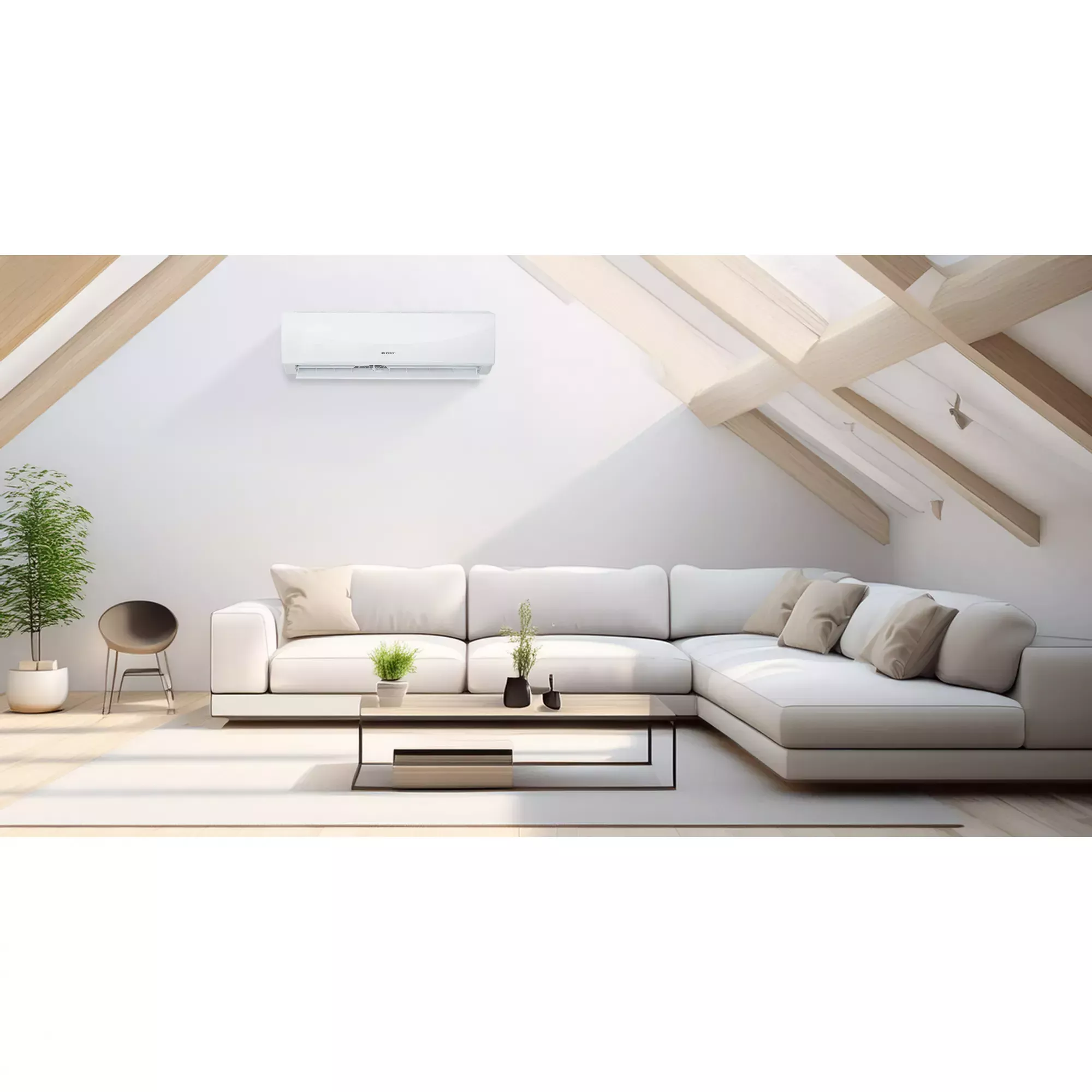 Una sala de estar moderna con sofá seccional blanco, mesa de centro y aire acondicionado.