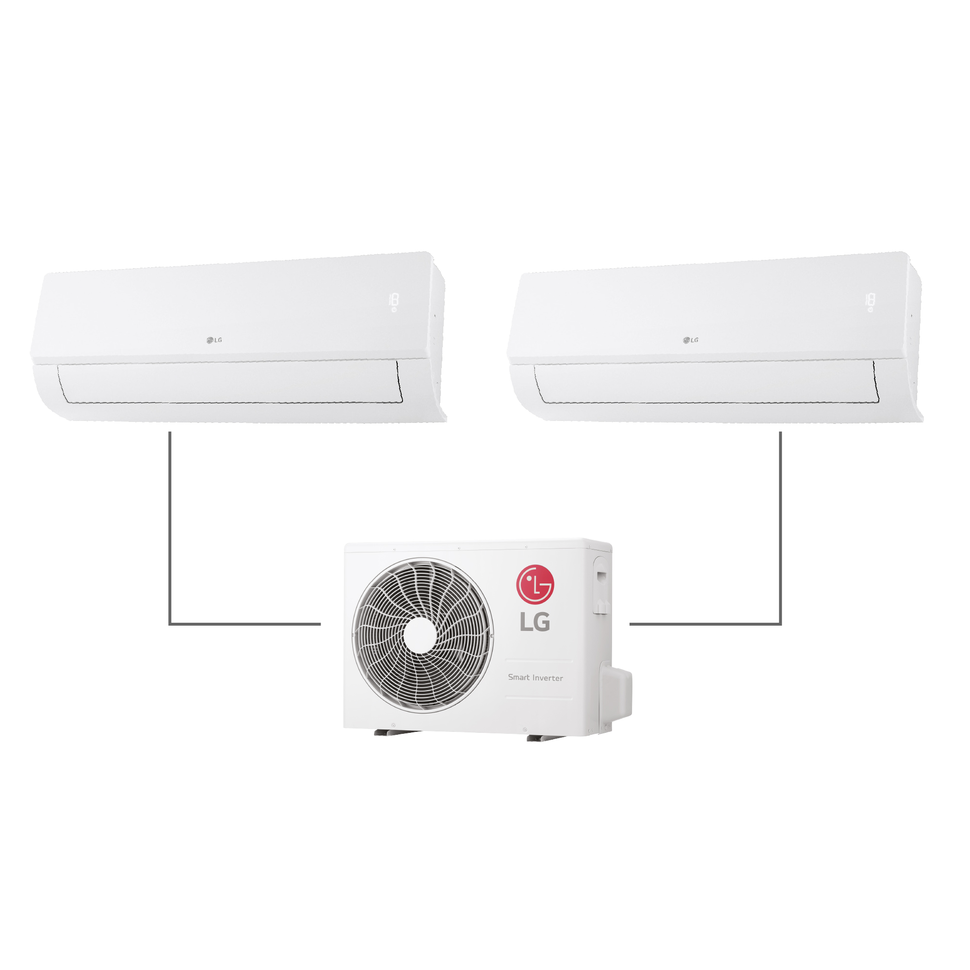 Dos aires acondicionados LG blancos y una unidad exterior blanca.