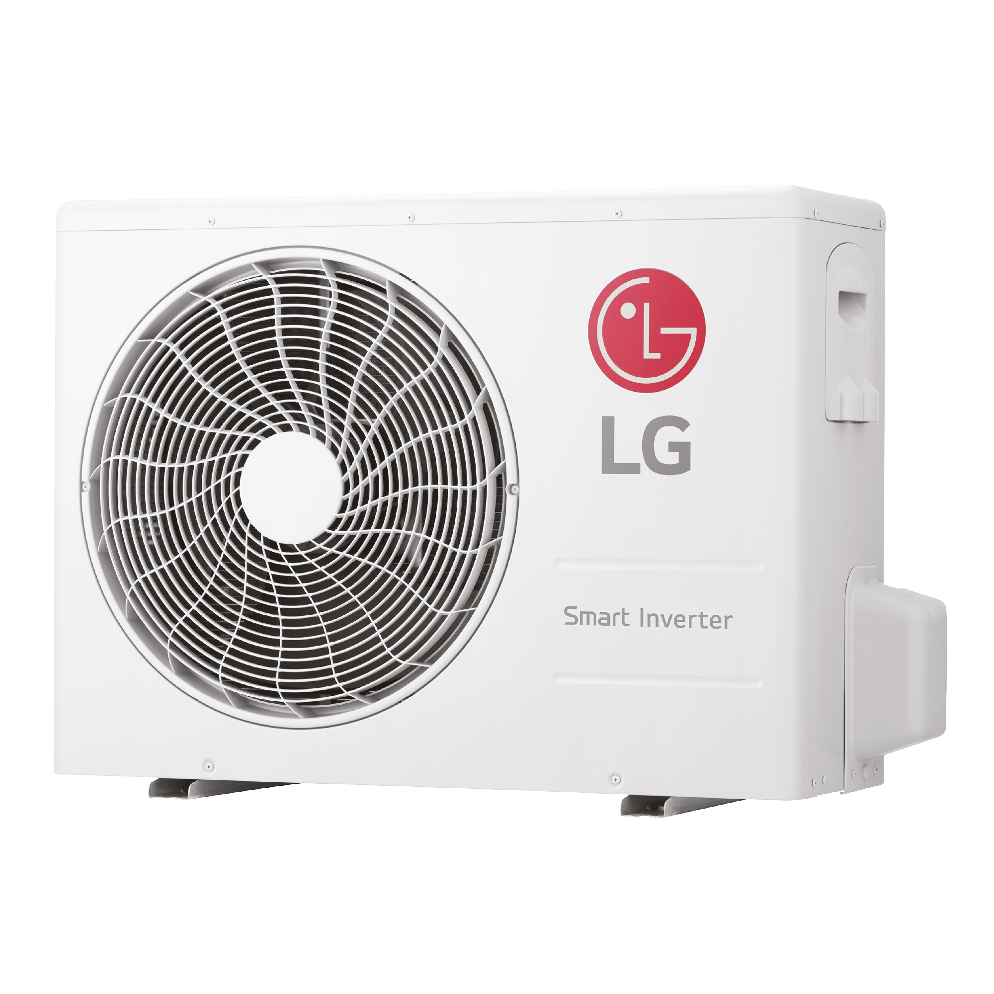 Unidad exterior de aire acondicionado LG blanca con ventilador y logo.