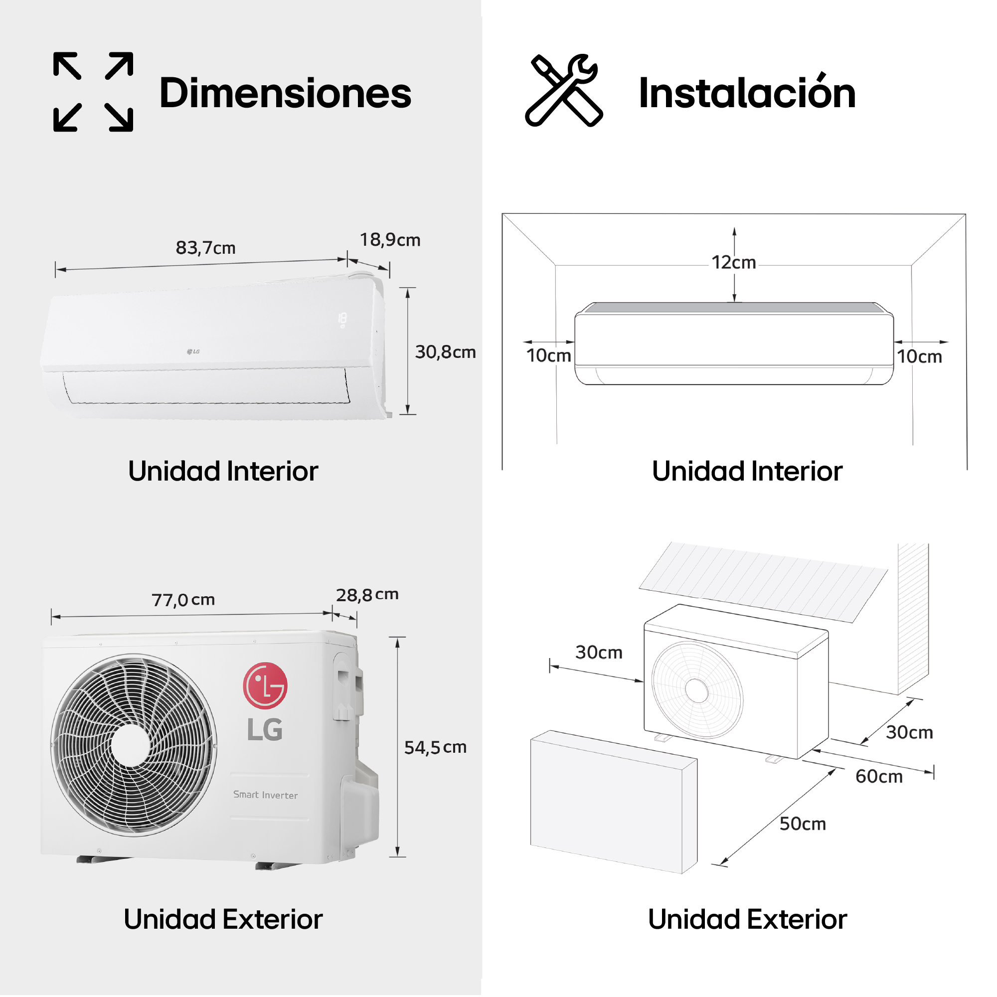 Diagramas muestran dimensiones y distancias de instalación de unidades interiores/exteriores.