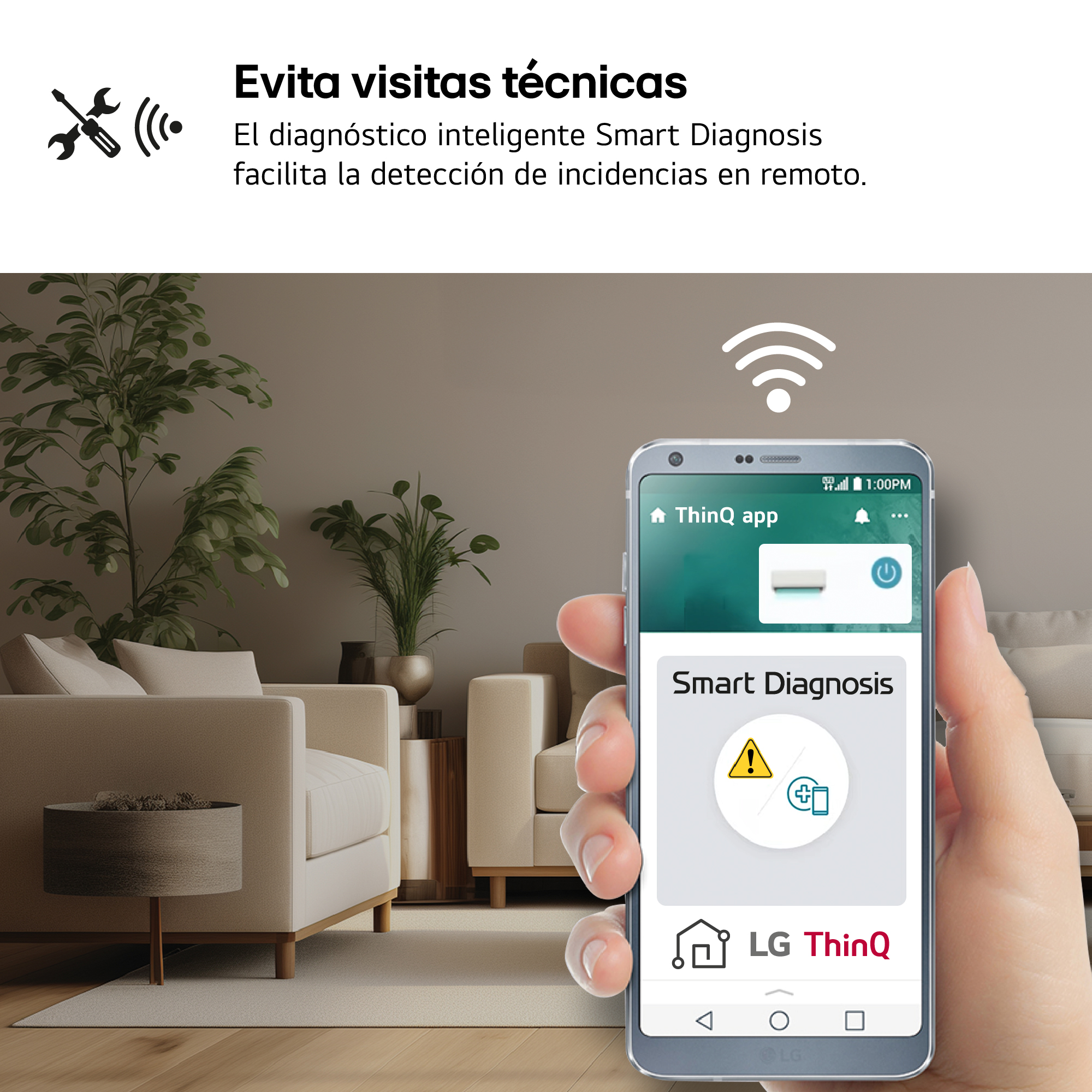 Un teléfono muestra la app LG ThinQ con Smart Diagnosis. Un salón al fondo.