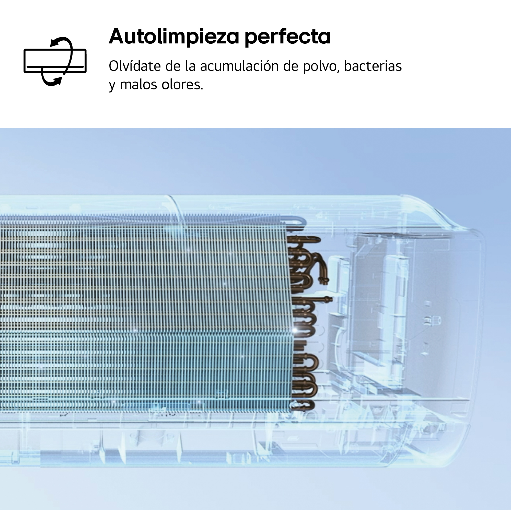 Vista interior de un aire acondicionado con aletas y tubos. Símbolo de autolimpieza.