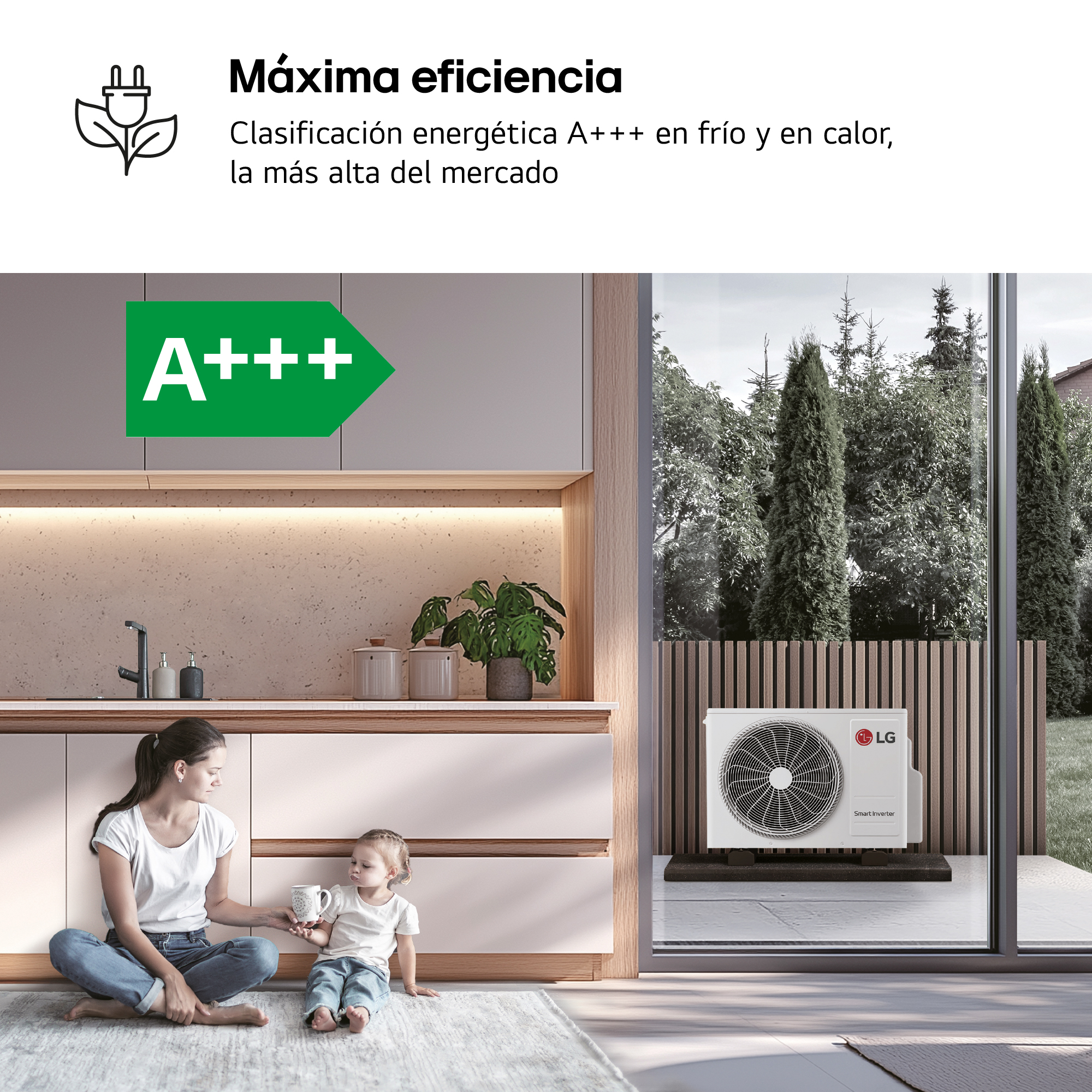 Una mujer y un niño sentados en el suelo frente a una cocina. Una unidad de aire acondicionado afuera.