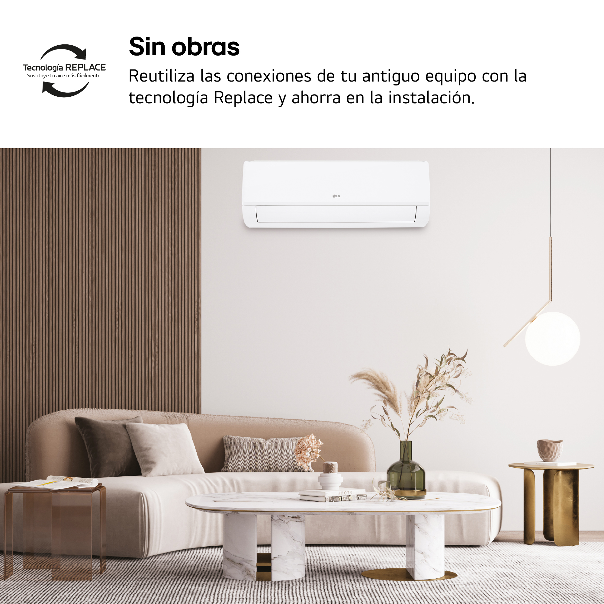 Una sala de estar moderna con aire acondicionado, sofá y mesa de centro.