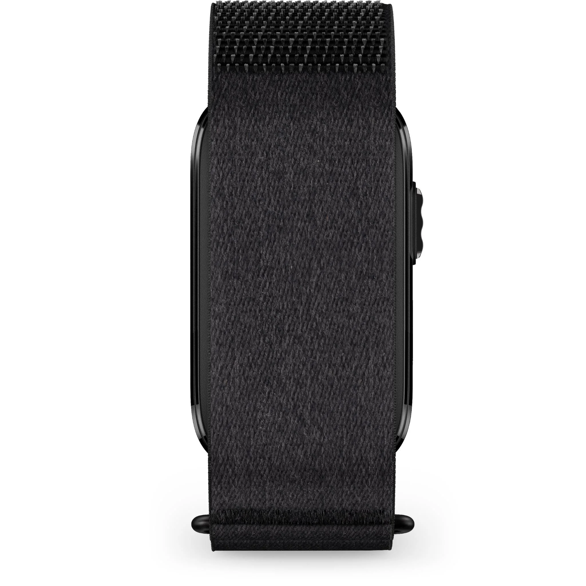 Una correa de reloj negra de malla metálica con una caja rectangular.