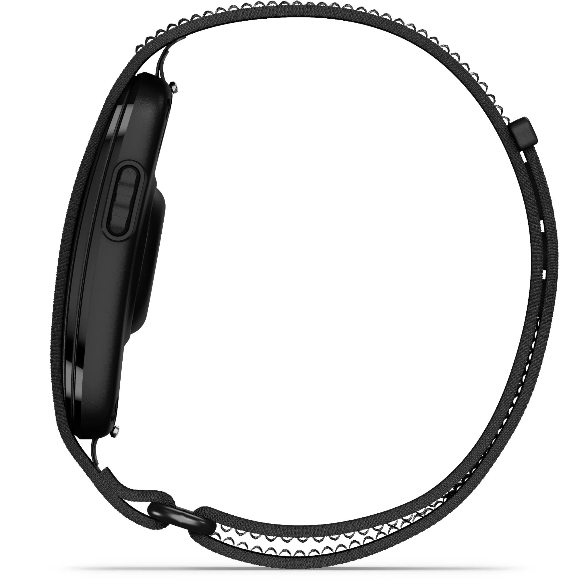 Banda negra de smartwatch con patrón y carcasa negra, vista lateral.