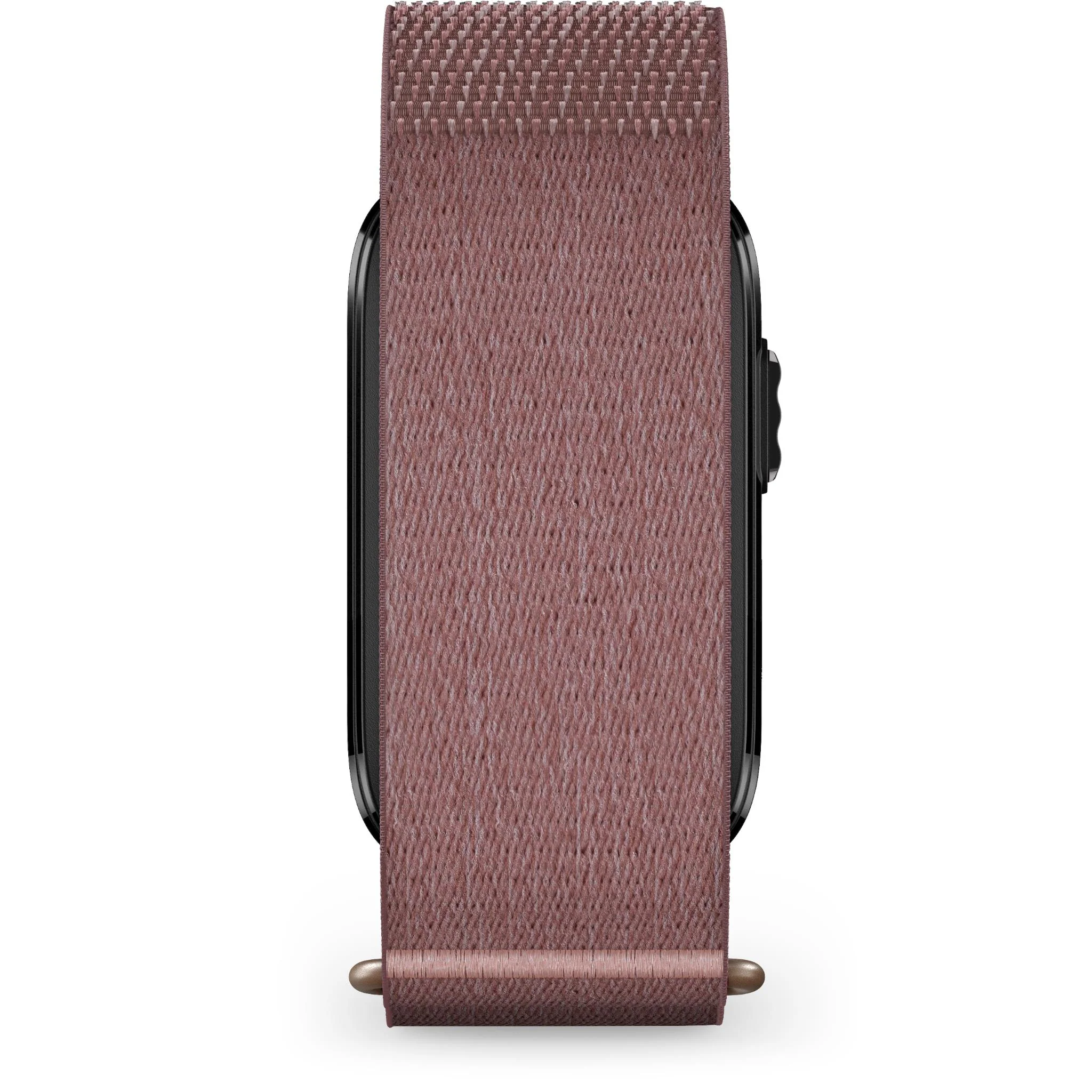 Una correa de reloj inteligente color rosa con carcasa negra y corona redonda.