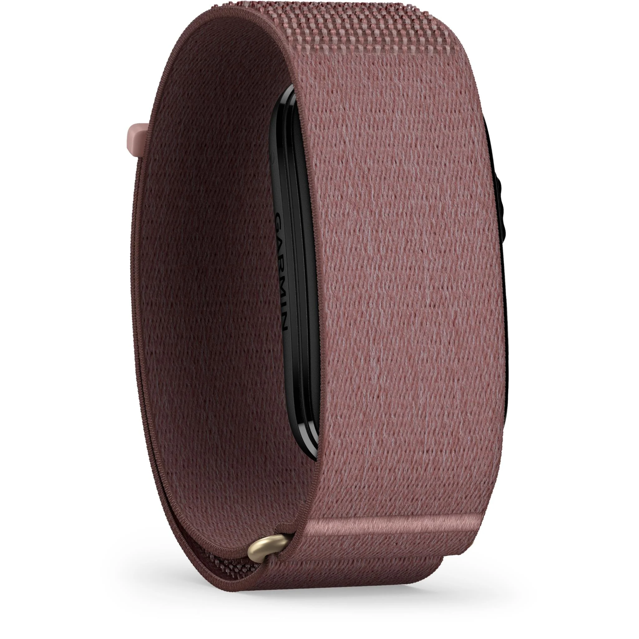 Una correa de reloj de tela rosa con hebilla dorada, vista de cerca.