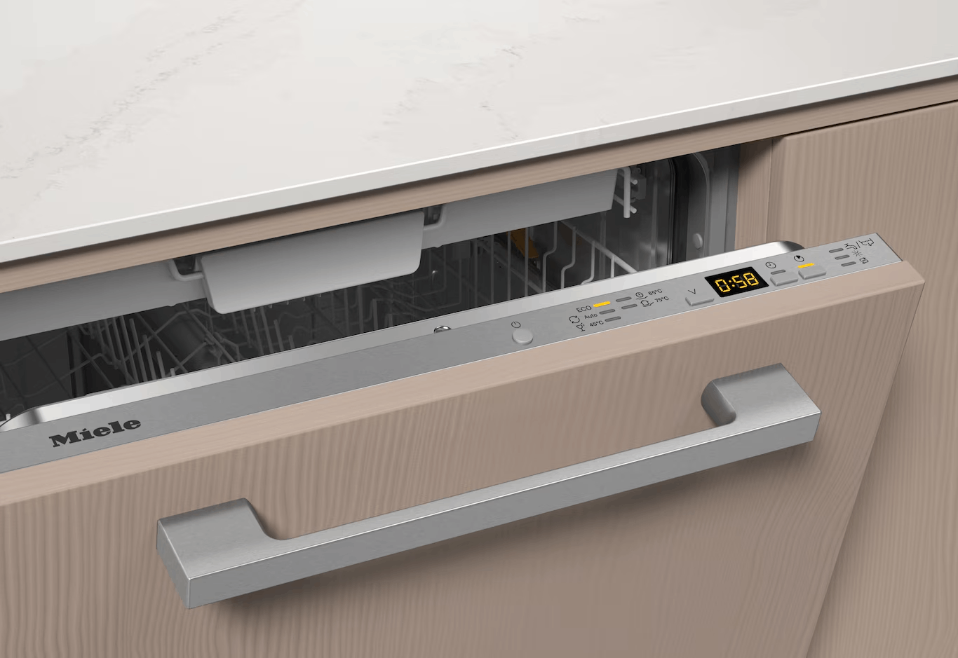 Un lavavajillas Miele con asa plateada y panel de control.