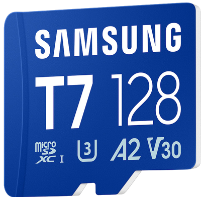 Tarjeta azul Samsung T7 de 128 GB MicroSDXC con marcas U3, A2, V30.