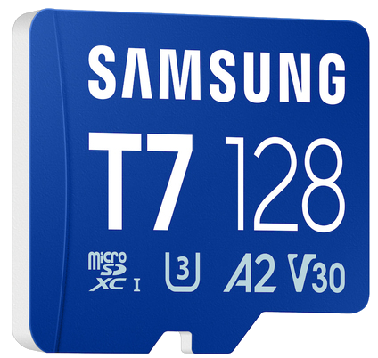 Tarjeta microSD azul Samsung de 128 GB con marcas T7, Micro XC I, U3, A2, V30.