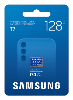 Tarjeta Samsung 128 GB microSDXC T7 con 170 MB/s de lectura.