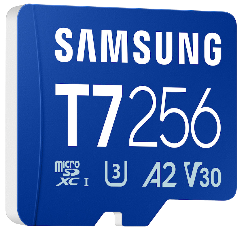 Tarjeta microSDXC Samsung T7 de 256 GB en azul, con clasificaciones U3, A2, V30.