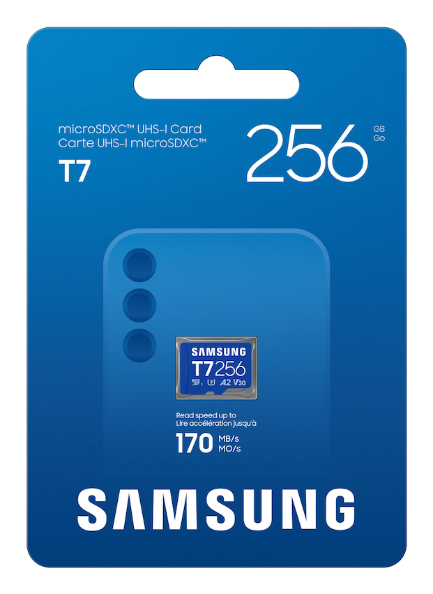 Embalaje de una tarjeta Samsung 256 GB microSDXC T7, mostrando velocidad de lectura.