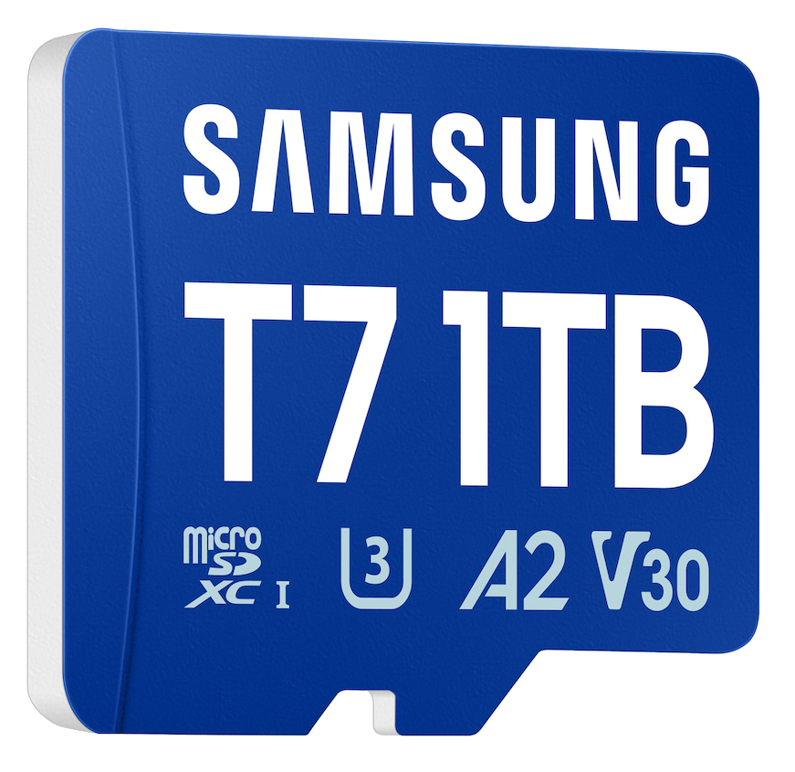 Tarjeta MicroSDXC Samsung T7 1TB azul con marcas A2 V30.