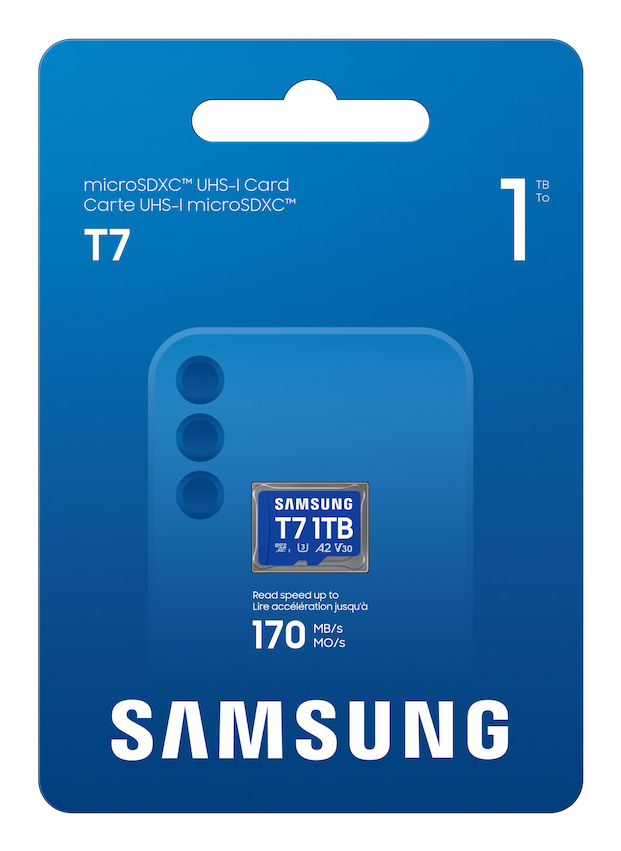 Tarjeta Samsung T7 1TB microSDXC en empaque azul, mostrando velocidad de 170 MB/s.