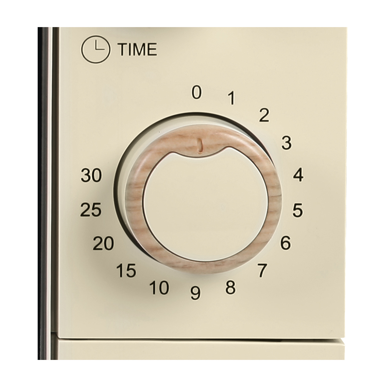 Un timer color crema con quadrante rotondo e marrone e numeri da 0 a 30.