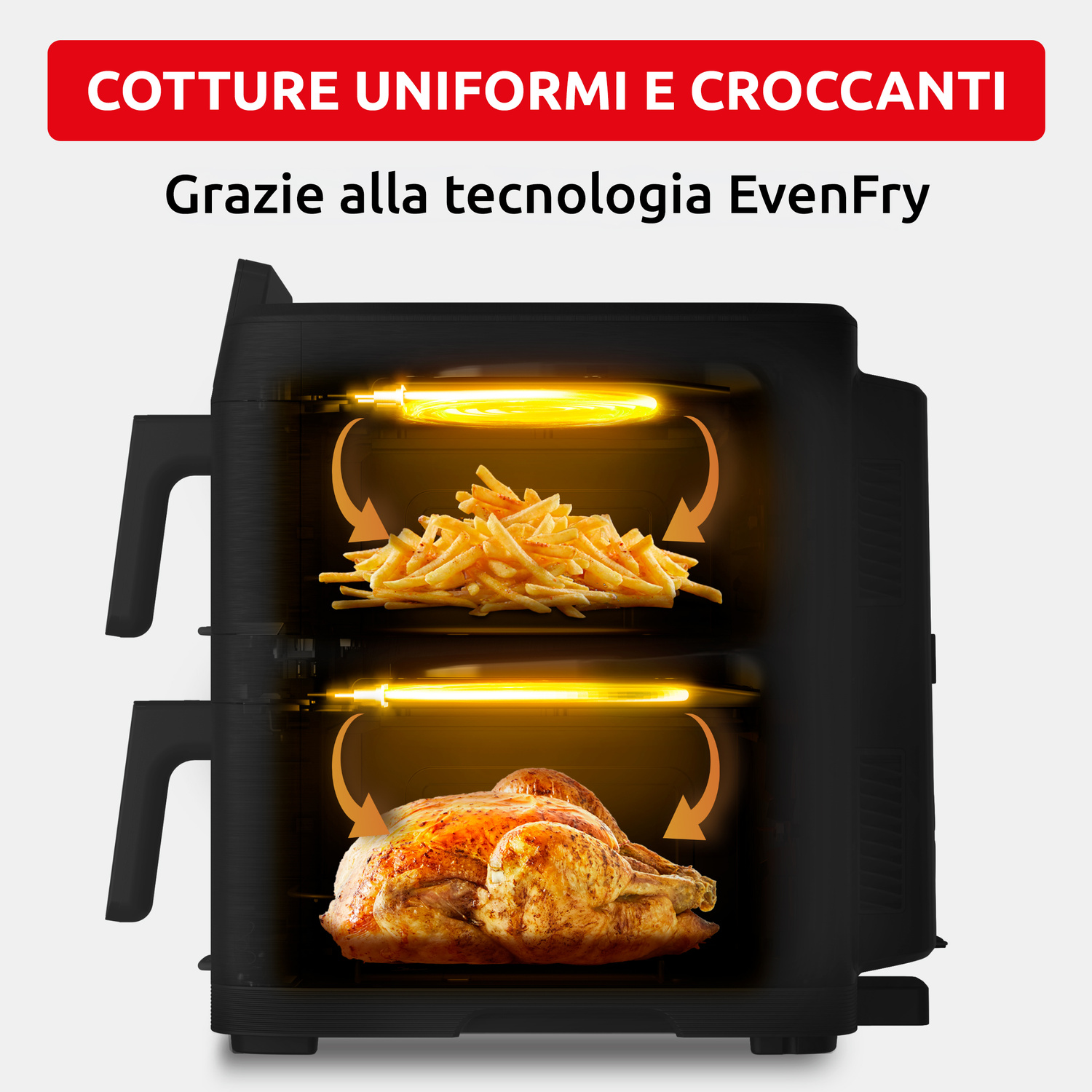Una friggitrice ad aria nera con pollo intero e patatine fritte.