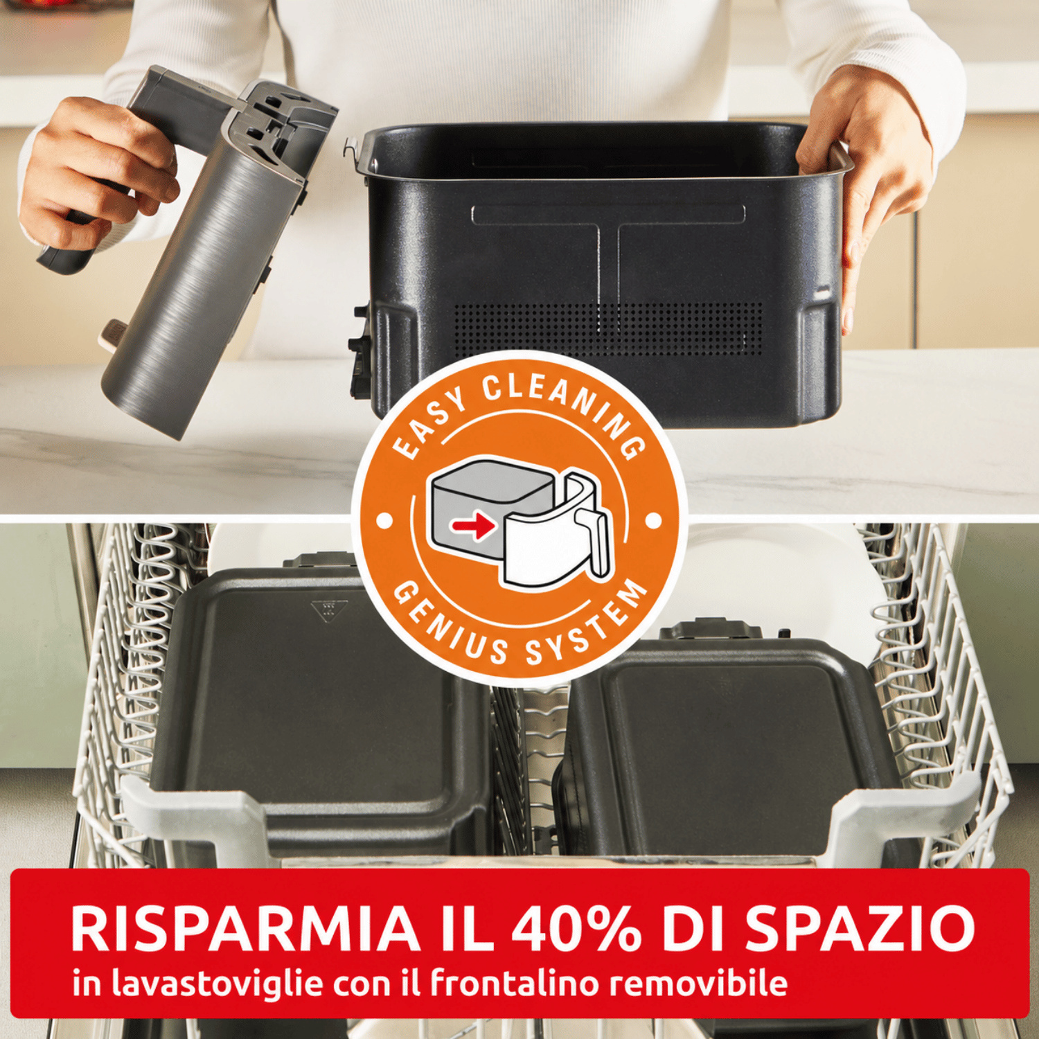 Persona regge dispositivo grigio vicino a cestello nero. Piatti in lavastoviglie sotto.