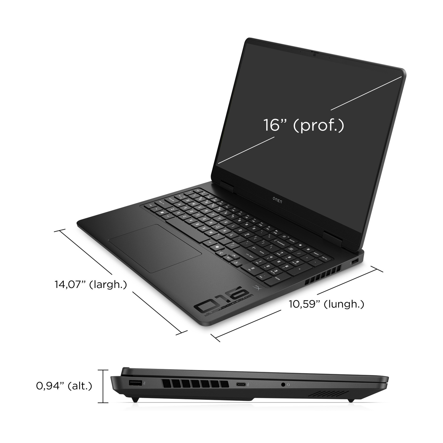 Laptop nero con logo "Omen", schermo da 16 pollici, dimensioni.