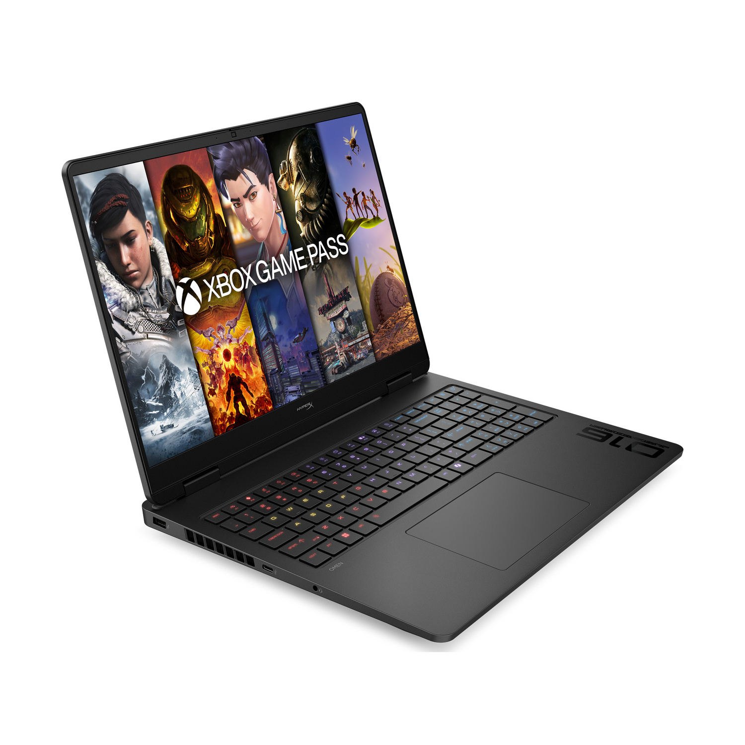 Laptop nero con pubblicità Xbox Game Pass su schermo, tastiera retroilluminata.