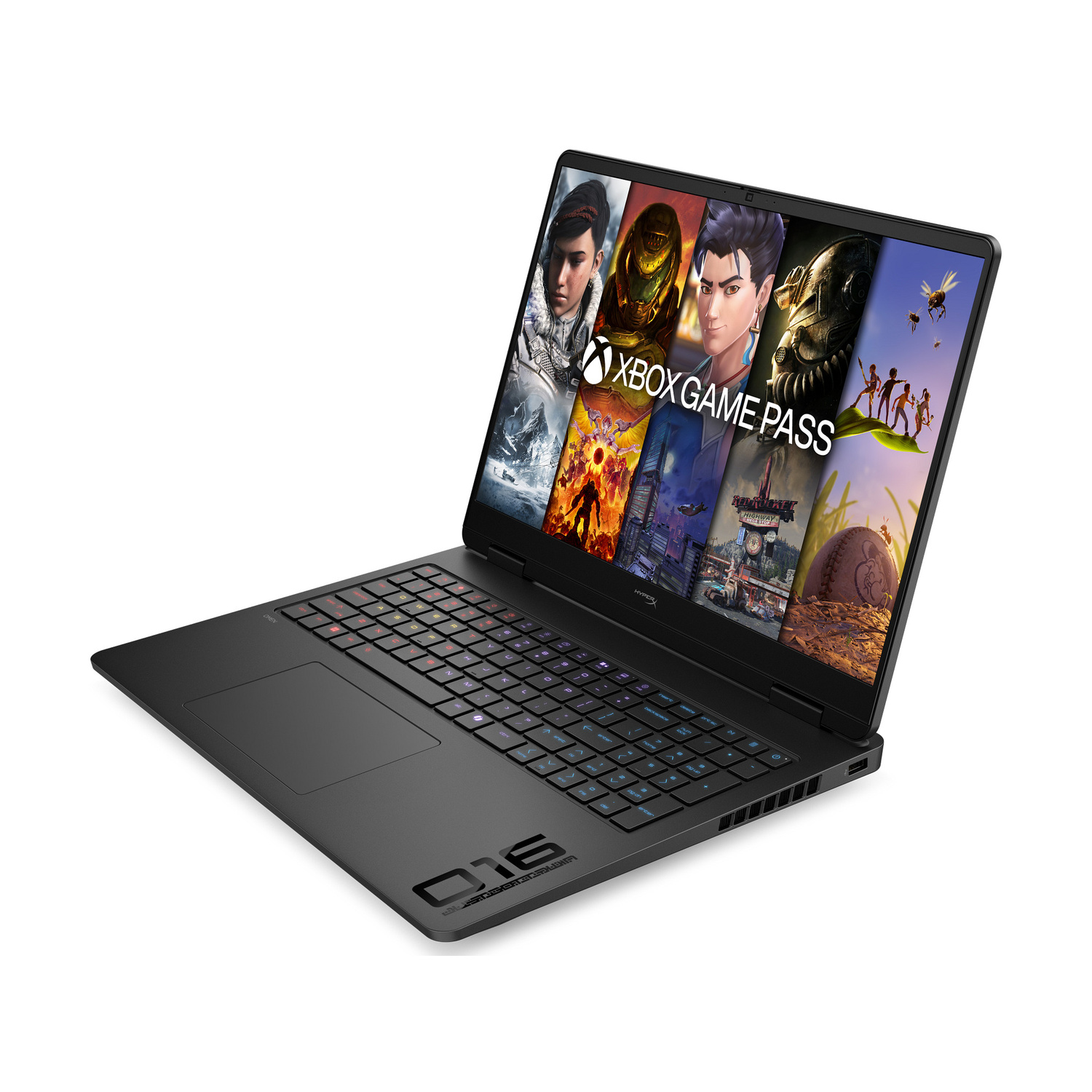 Un laptop nero aperto che mostra immagini promozionali di Xbox Game Pass.