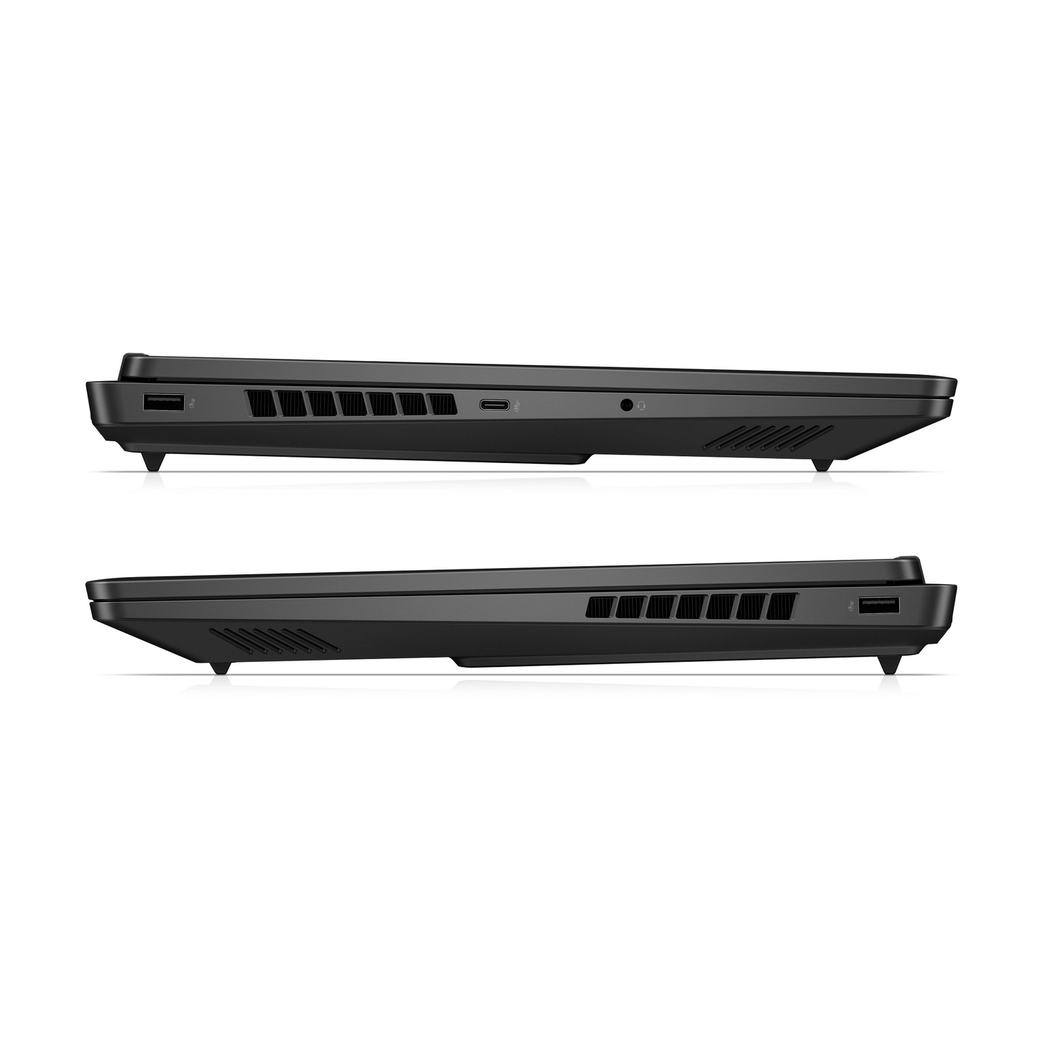 Due laptop neri uno accanto all'altro di profilo, che mostrano prese d'aria e porte.