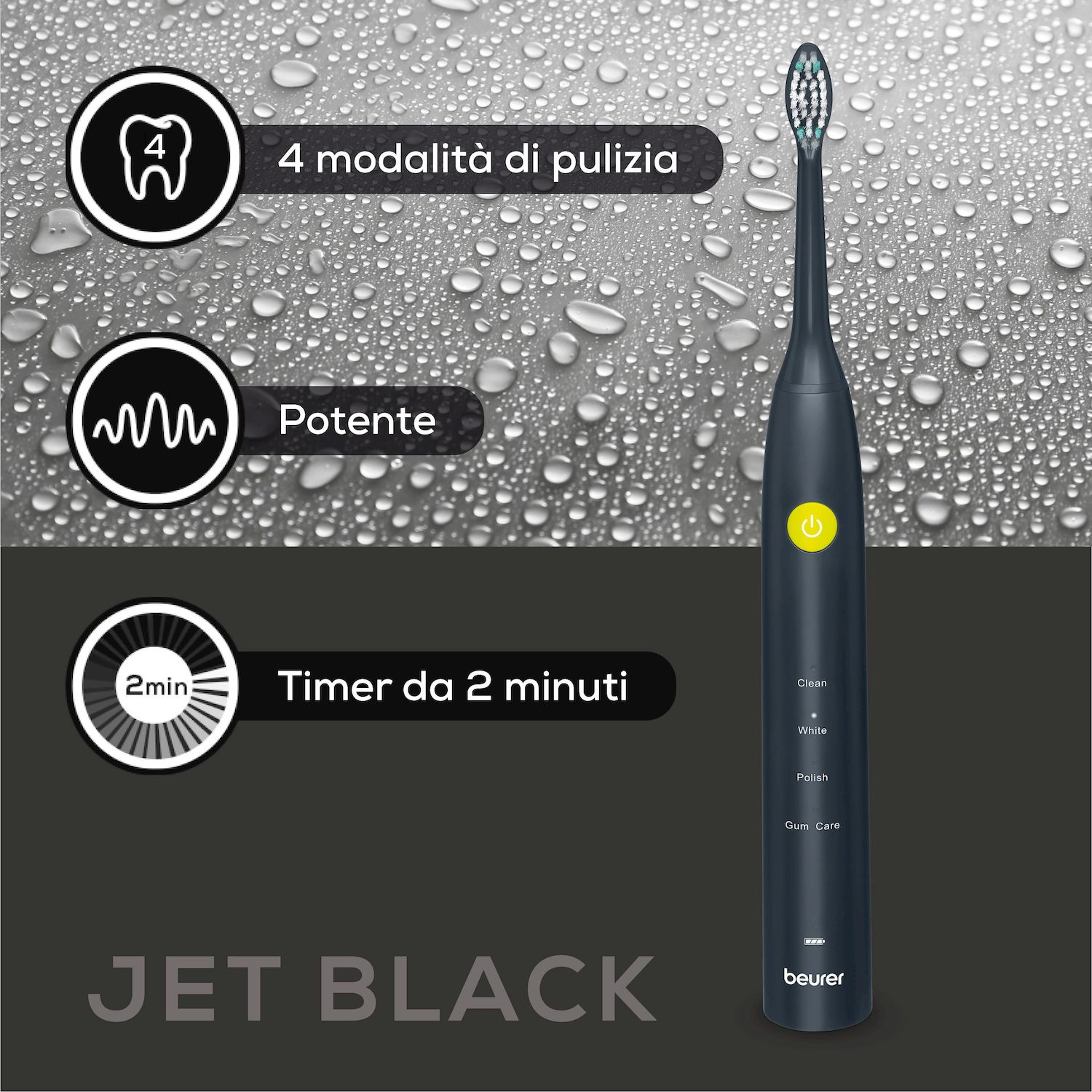 Spazzolino elettrico con 4 modalità di pulizia, timer, Jet Black.