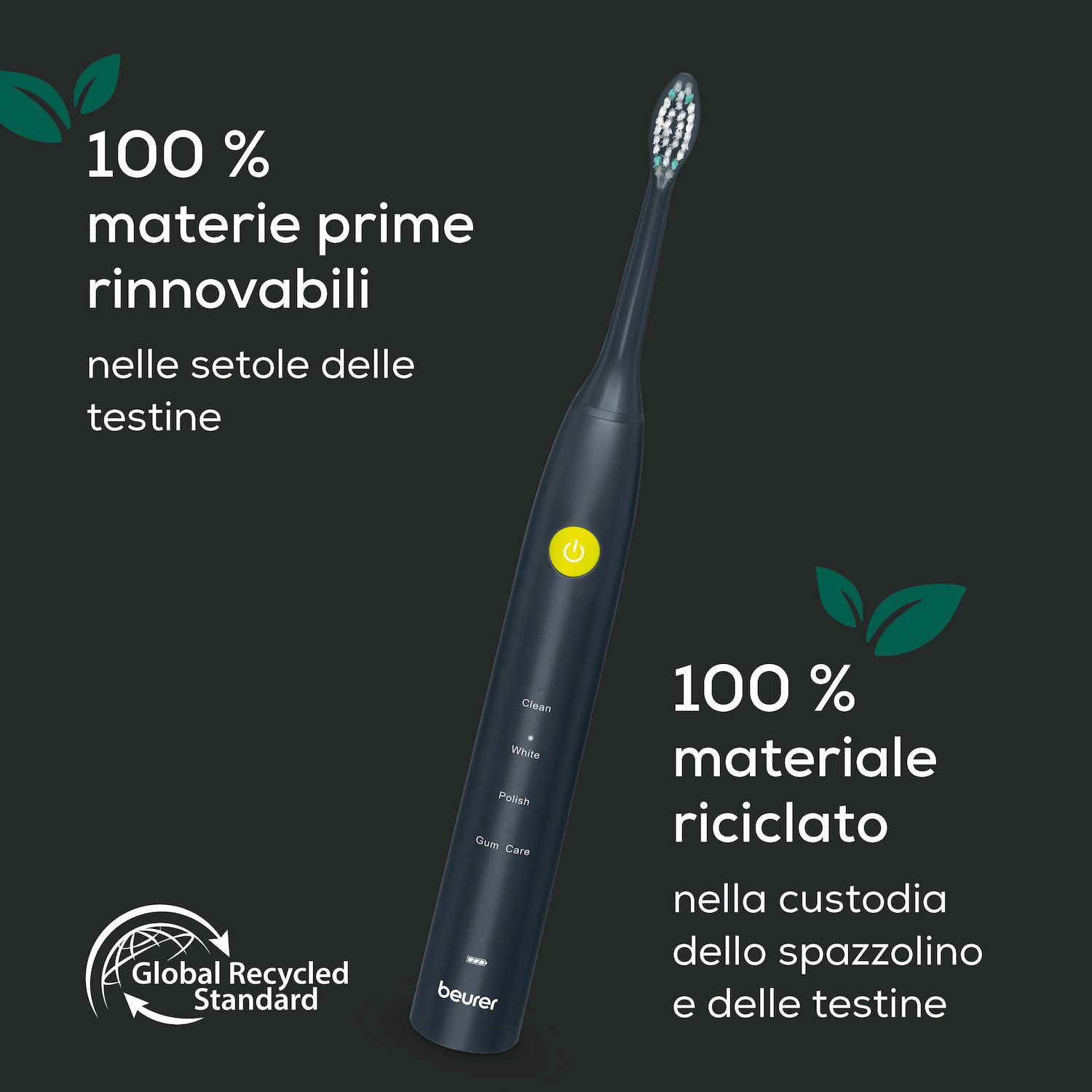Spazzolino grigio scuro con pulsante e setole gialle. Loghi di sostenibilità.