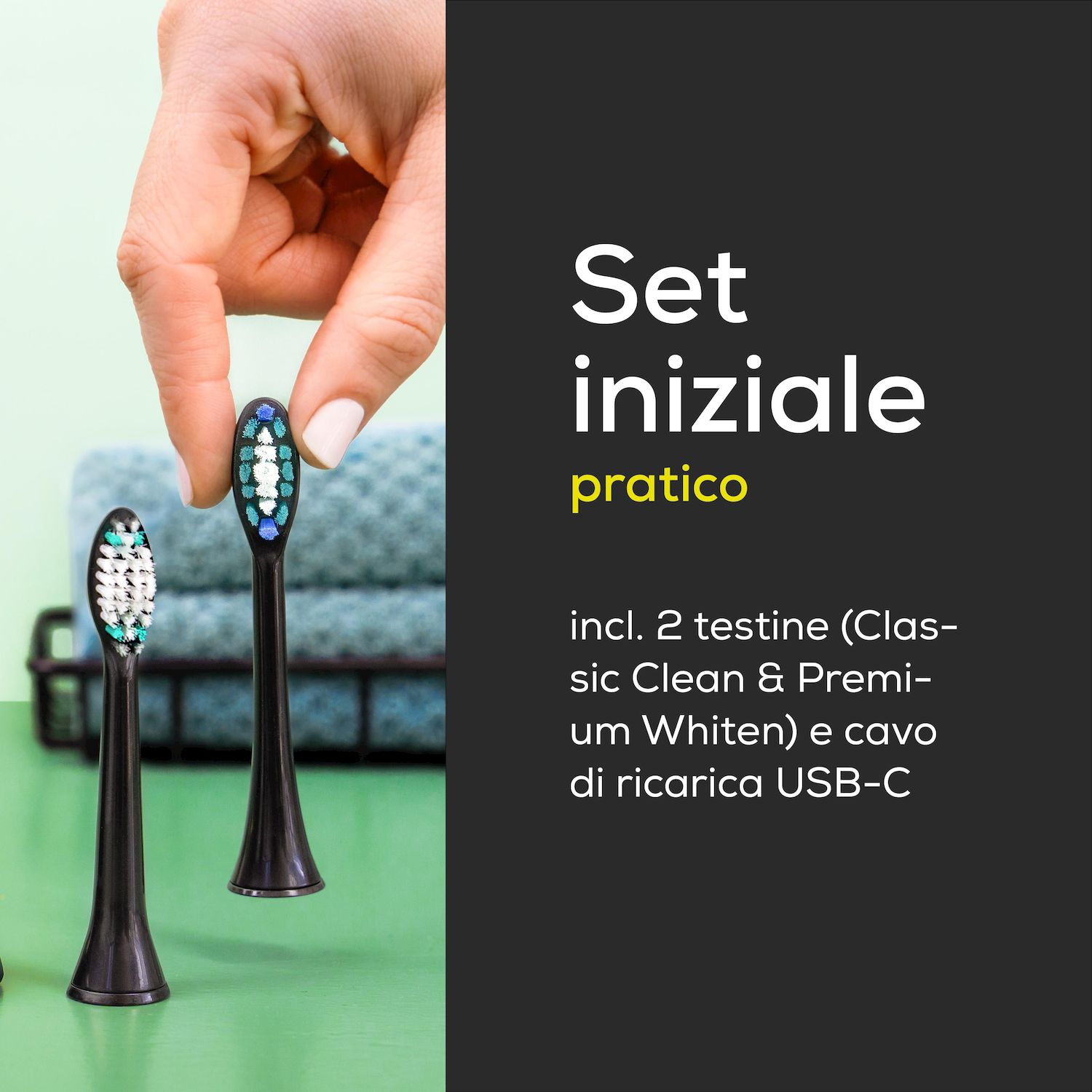 Mano tiene testina con setole bianco-azzurre sopra altre due testine nere.