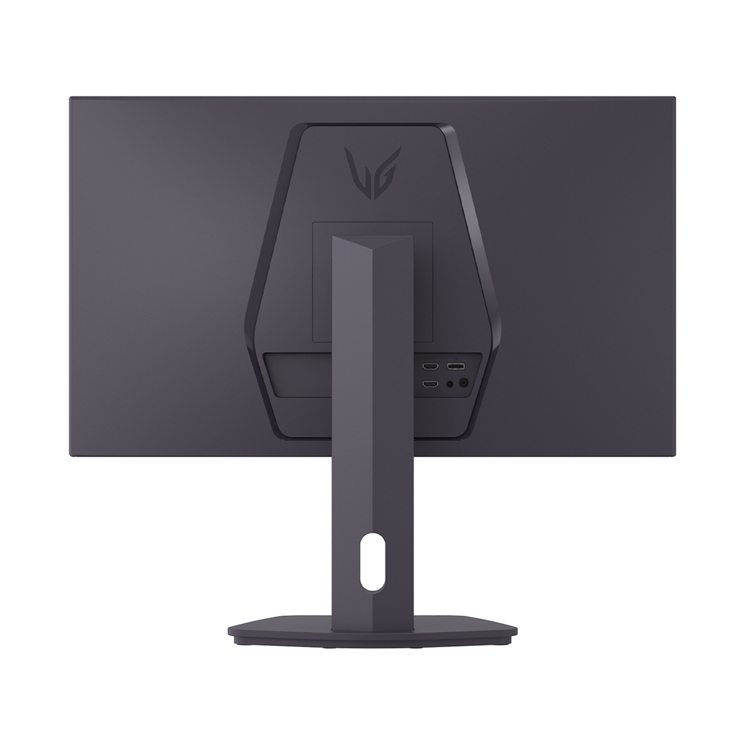 Retro di un monitor scuro con logo e porte su un supporto.