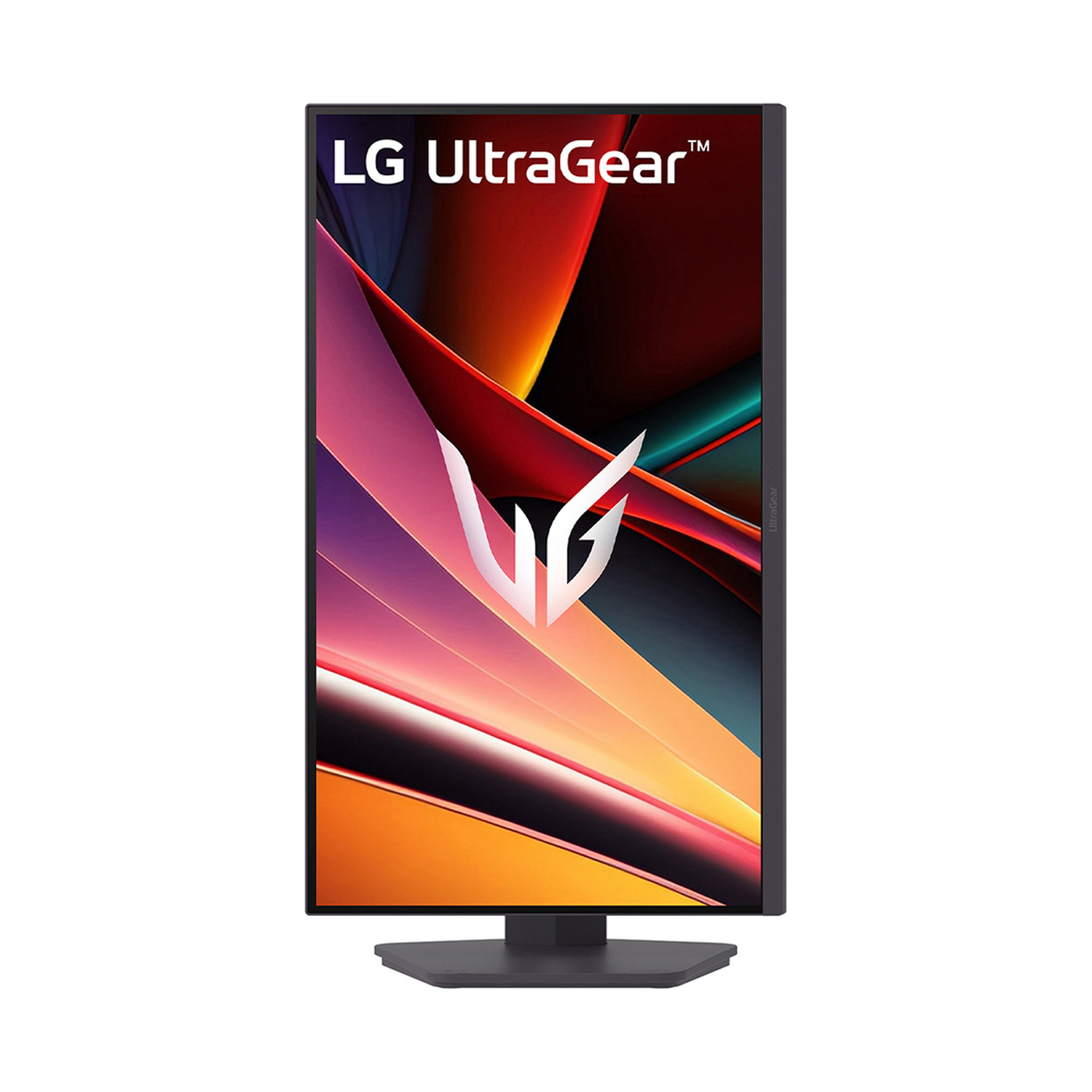 Un monitor LG UltraGear con uno sfondo astratto e colorato e un logo bianco.