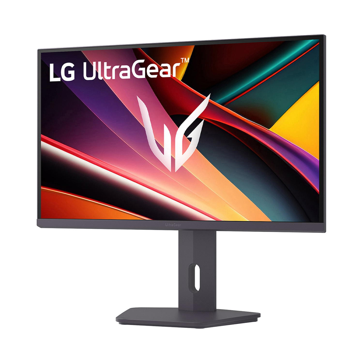 Un monitor LG UltraGear con sfondo astratto colorato e logo bianco.