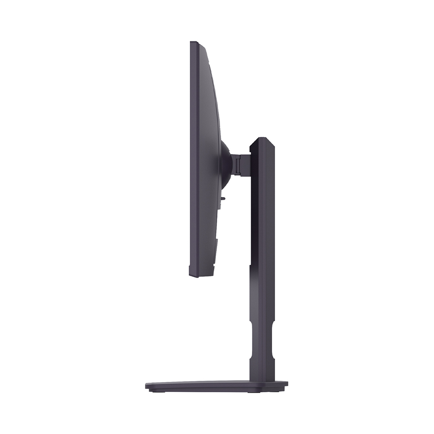 Un monitor di computer scuro con supporto, visto di lato.