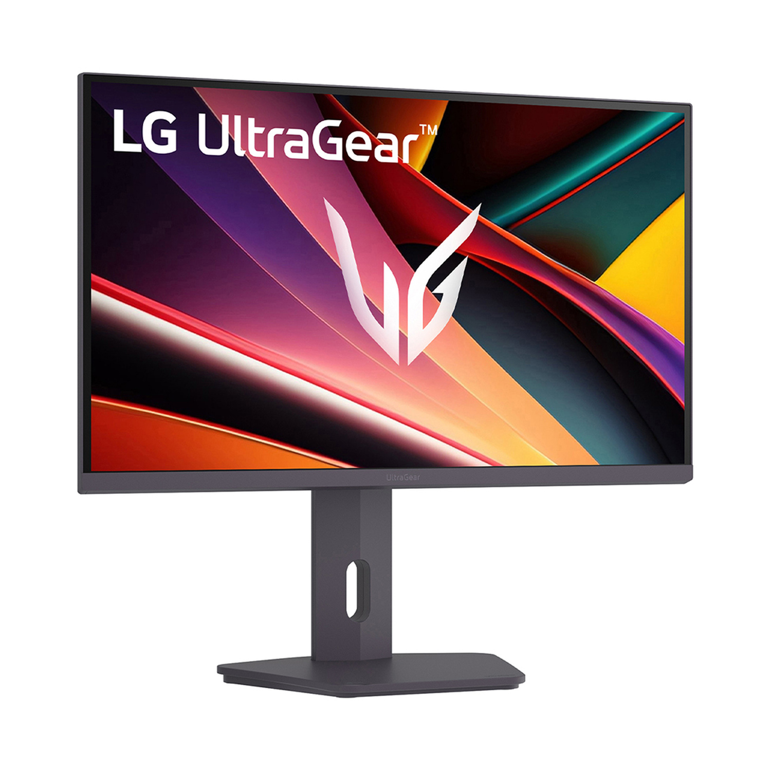 Un monitor LG UltraGear con uno sfondo astratto e colorato e un logo bianco.